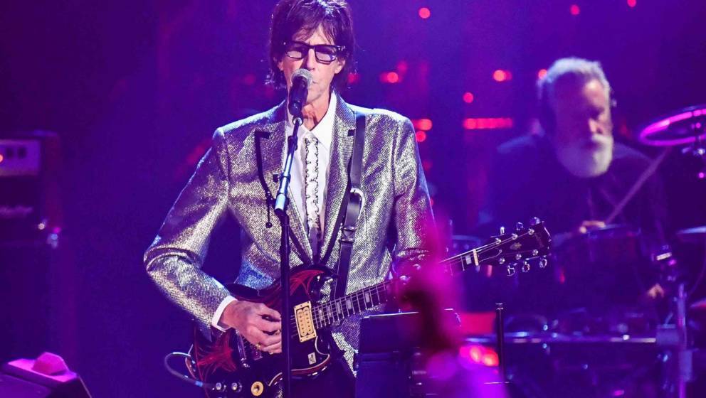 CLEVELAND, OH - APRIL 14:  Inductee Ric Ocasek of The Cars performs during the 33rd Annual Rock & Roll Hall of Fame Induc