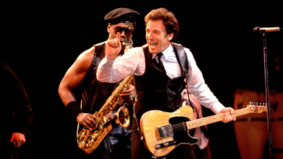 Clarence Clemons and Bruce Springsteen on 3/16/88 in Chicago, IL.    (Photo by Paul Natkin/WireImage)
