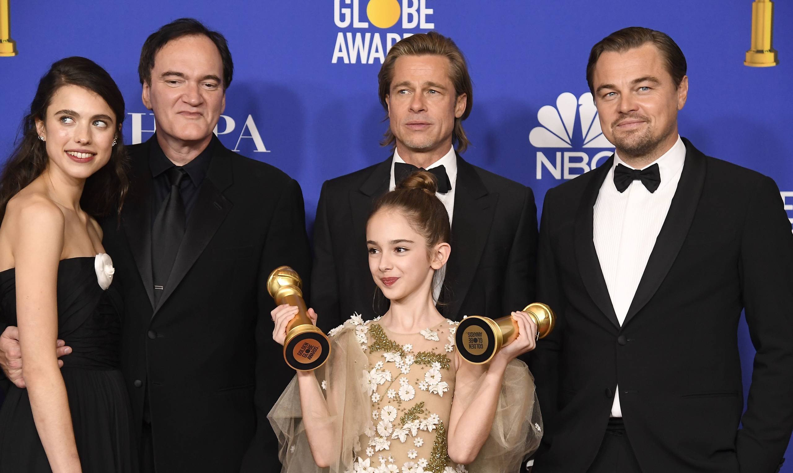 „Once Upon A Time In Hollywood“ räumte bei den Golden Globes ab: Margaret Qualley, Quentin Tarantino, Brad Pitt, Julia Butters und Leonardo DiCaprio