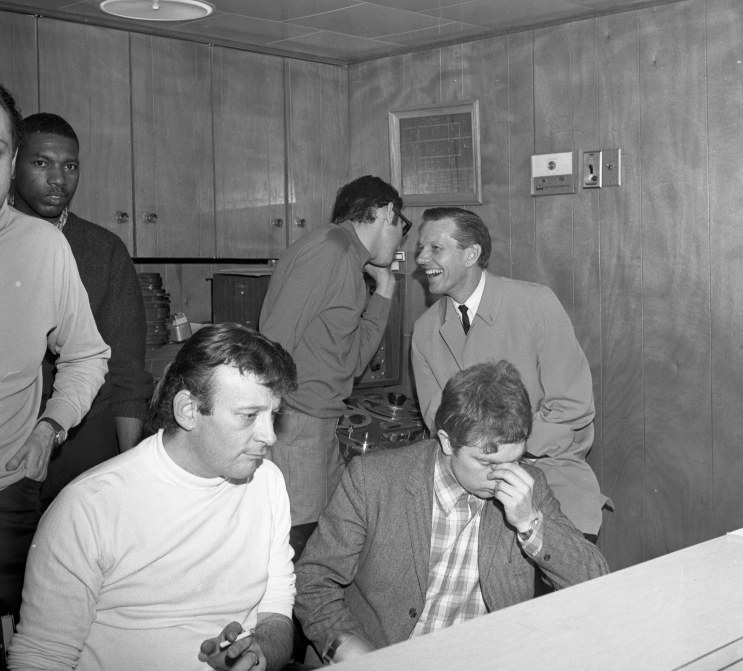 NEW YORK - MARCH 28:  Producer Bert Berns (front left), Brooks Arthur (back middle), and Van Morrison (front right) in the...
