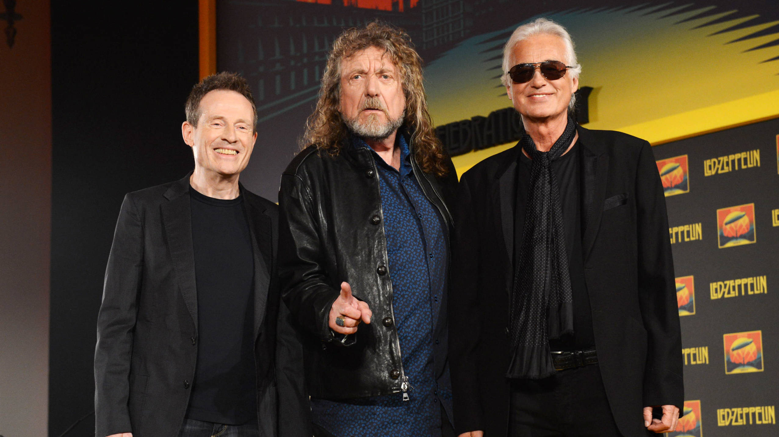 John Paul Jones, Robert Plant und Jimmy Page bei der „Celebration Day“-Pressekonferenz