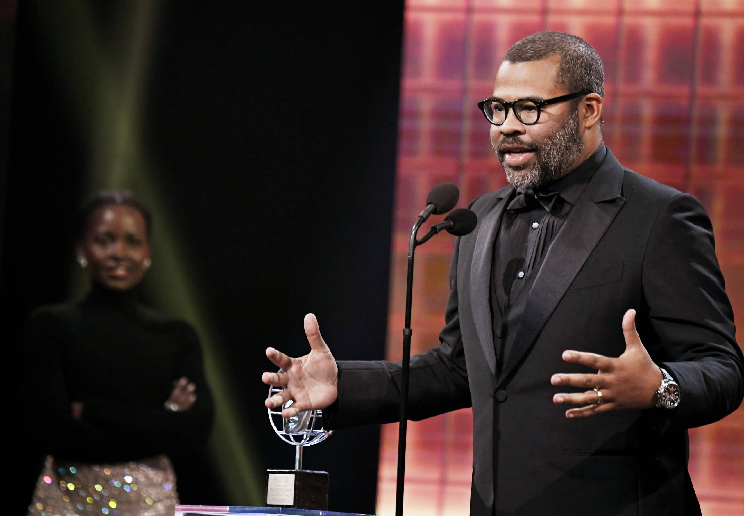 Jordan Peele während seiner Dankesrede nach einer Auszeichnung  bei den British Academy Awards. 2019.