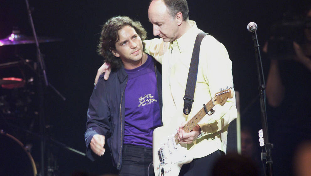 Guitarist Pete Townshend of the British rock band The Who on stage with American singer Eddie Vedder at the Royal Albert Hall