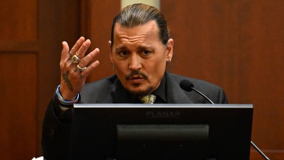 US actor Johnny Depp testifies during his defamation trial in the Fairfax County Circuit Courthouse in Fairfax, Virginia, on 
