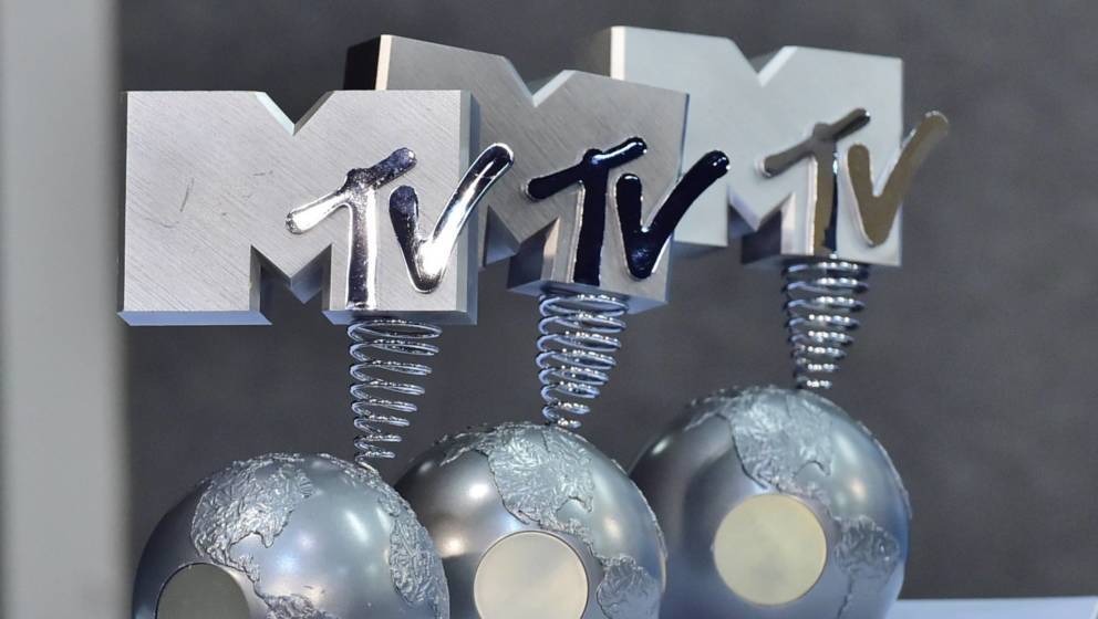 A picture shows MTV trophies in the photo room of the 2015 MTV Europe Music Awards (EMA) at Mediolanum Forum on October 25, 2