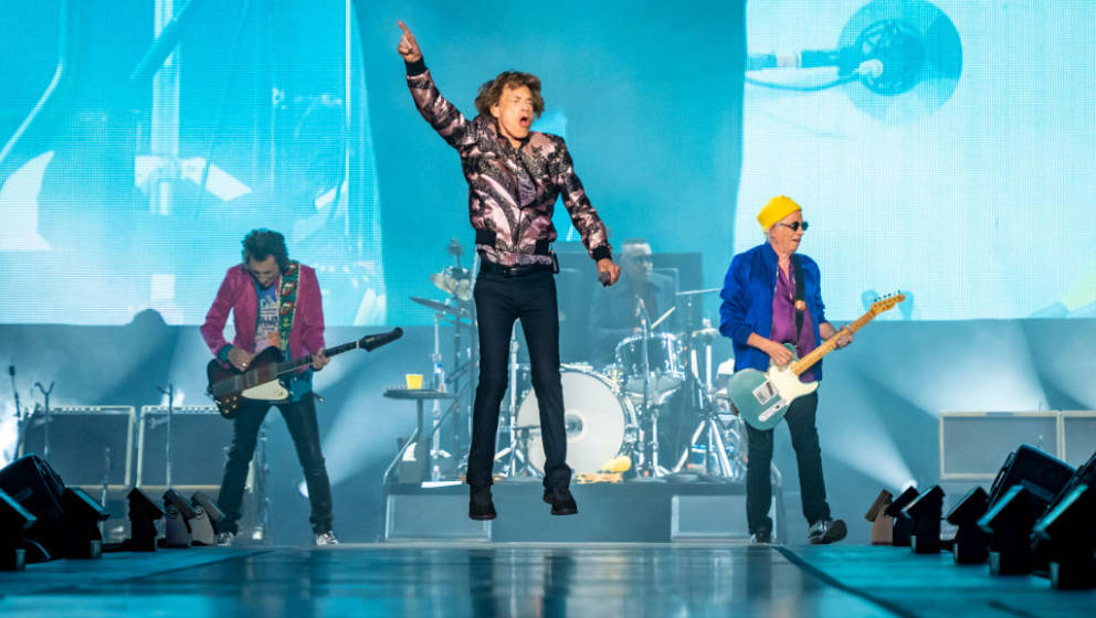MILAN, ITALY - JUNE 21: Ronnie Wood, Mick Jagger and Keith Richards of The Rolling Stones perform at San Siro Stadium on June