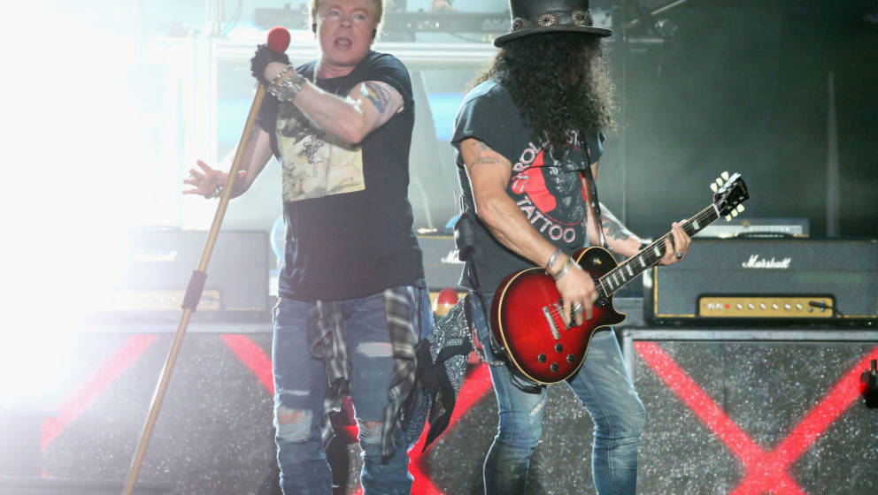 AUSTIN, TEXAS - OCTOBER 04:  Axl Rose (L) and Slash of Guns N' Roses perform in concert during weekend one of the 2019 ACL Fe