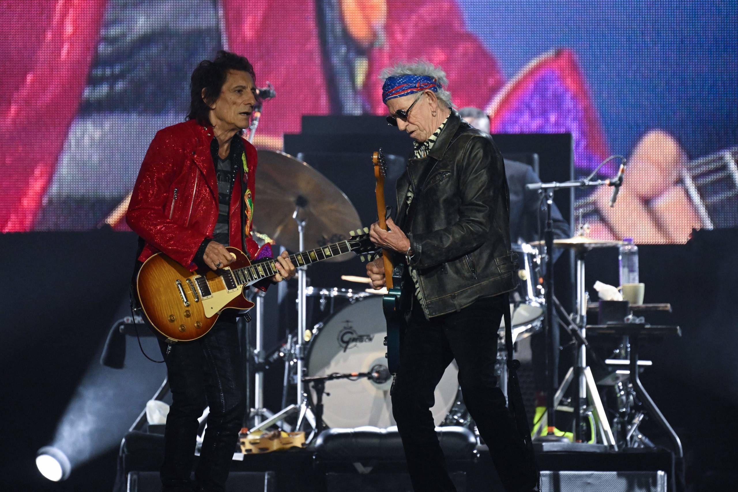 British rock band The Rolling Stones' guitarists Keith Richards (R) and Ron Wood perform during a concert as part of their...