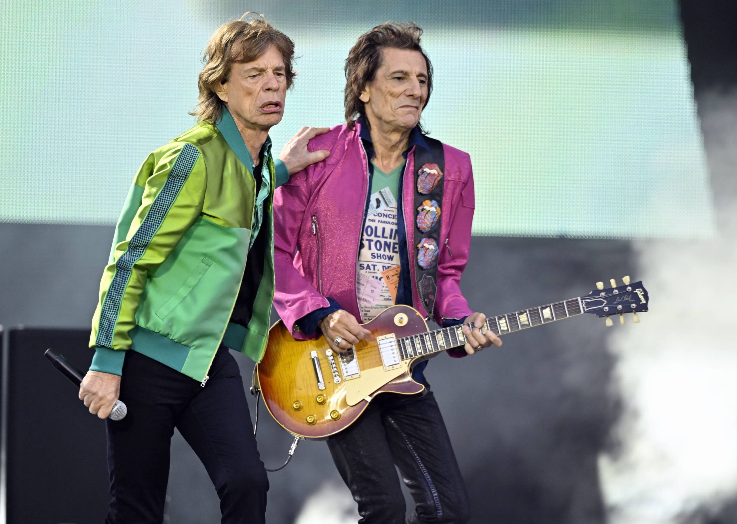 Rolling Stones singer Mick Jagger and Rolling Stones guitar player Ronnie Wood  perform during a concert of British band T...