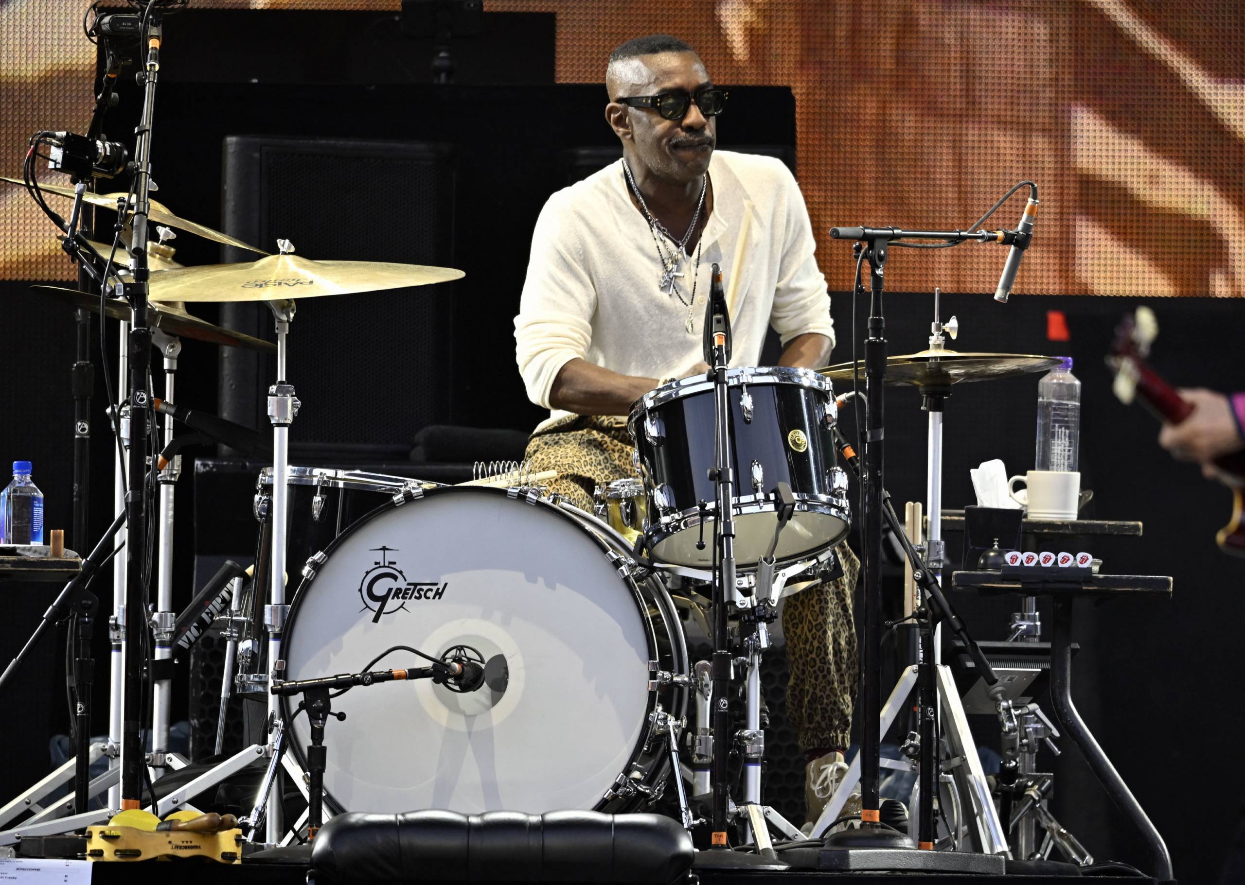 Drummer Steve Jordan performs during a concert of British band The Rolling Stones as part of the 'Stones Sixty Europe 2022...