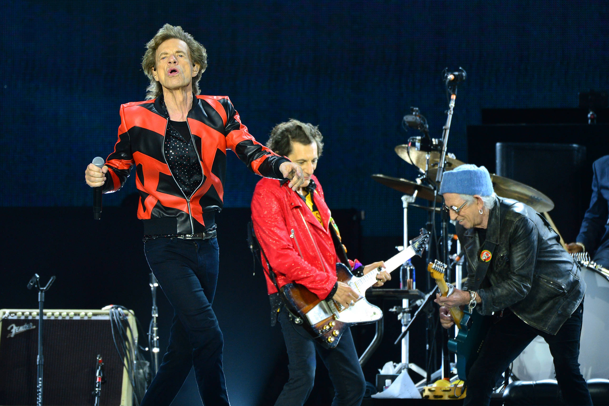 LIVERPOOL, ENGLAND - JUNE 09: Ronnie Wood, Mick Jagger and Keith Richards of The Rolling Stones perform on stage during th...