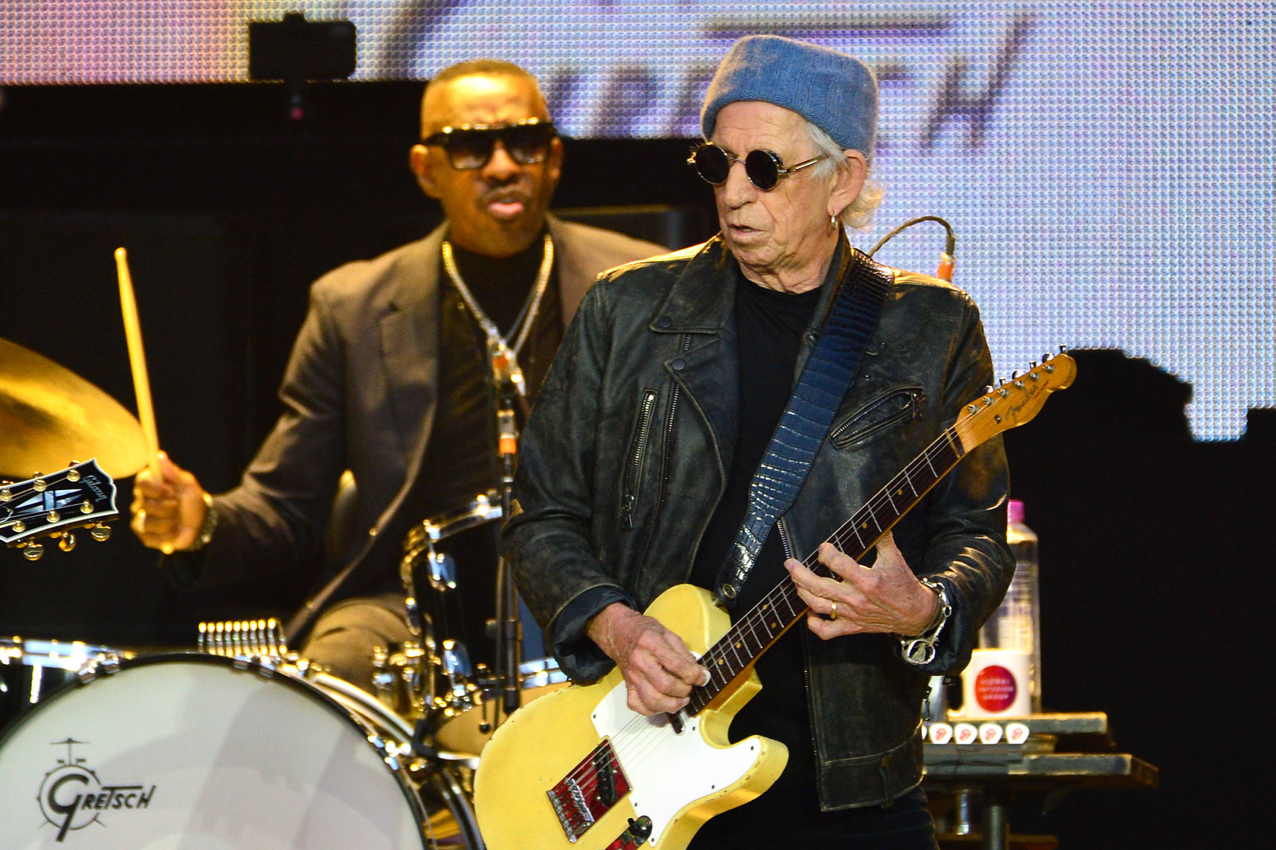 LIVERPOOL, ENGLAND - JUNE 09: Keith Richards and Steve Jordan of The Rolling Stones perform on stage during the SIXTY tour...