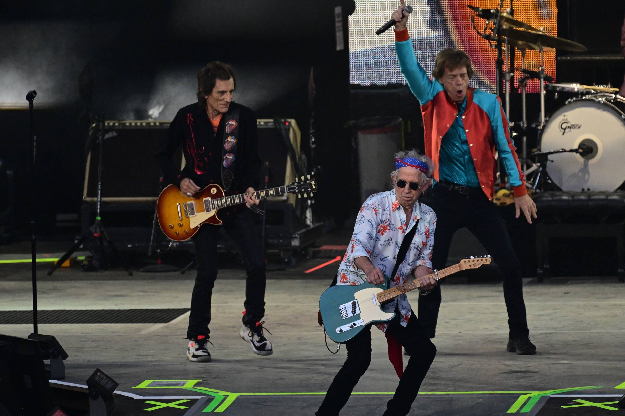 British rock band The Rolling Stones' singer Mick Jagger (R-L), guitarist Keith Richards and guitarist Ron Wood perform on...