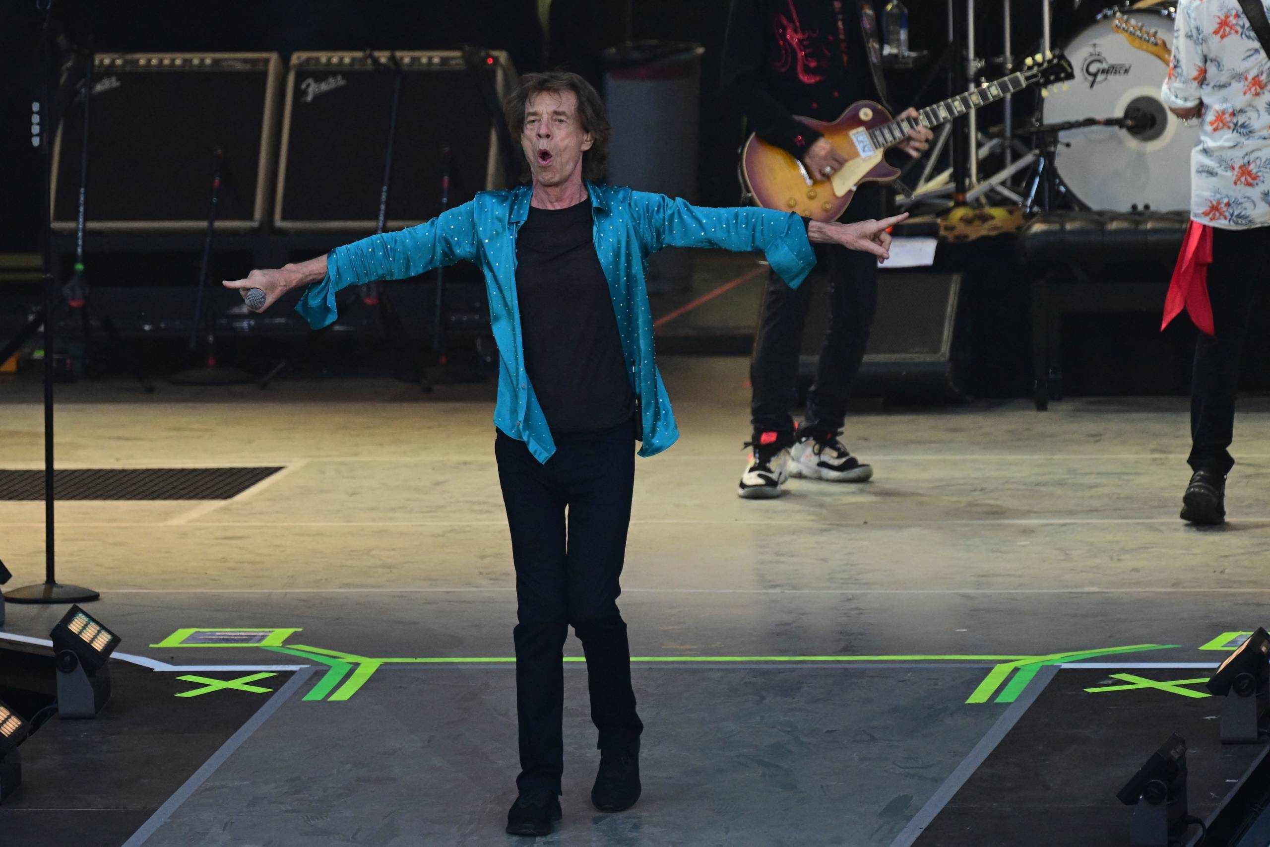 British rock band The Rolling Stones' singer Mick Jagger performs on stage during a concert as part of their 'Stones Sixty...