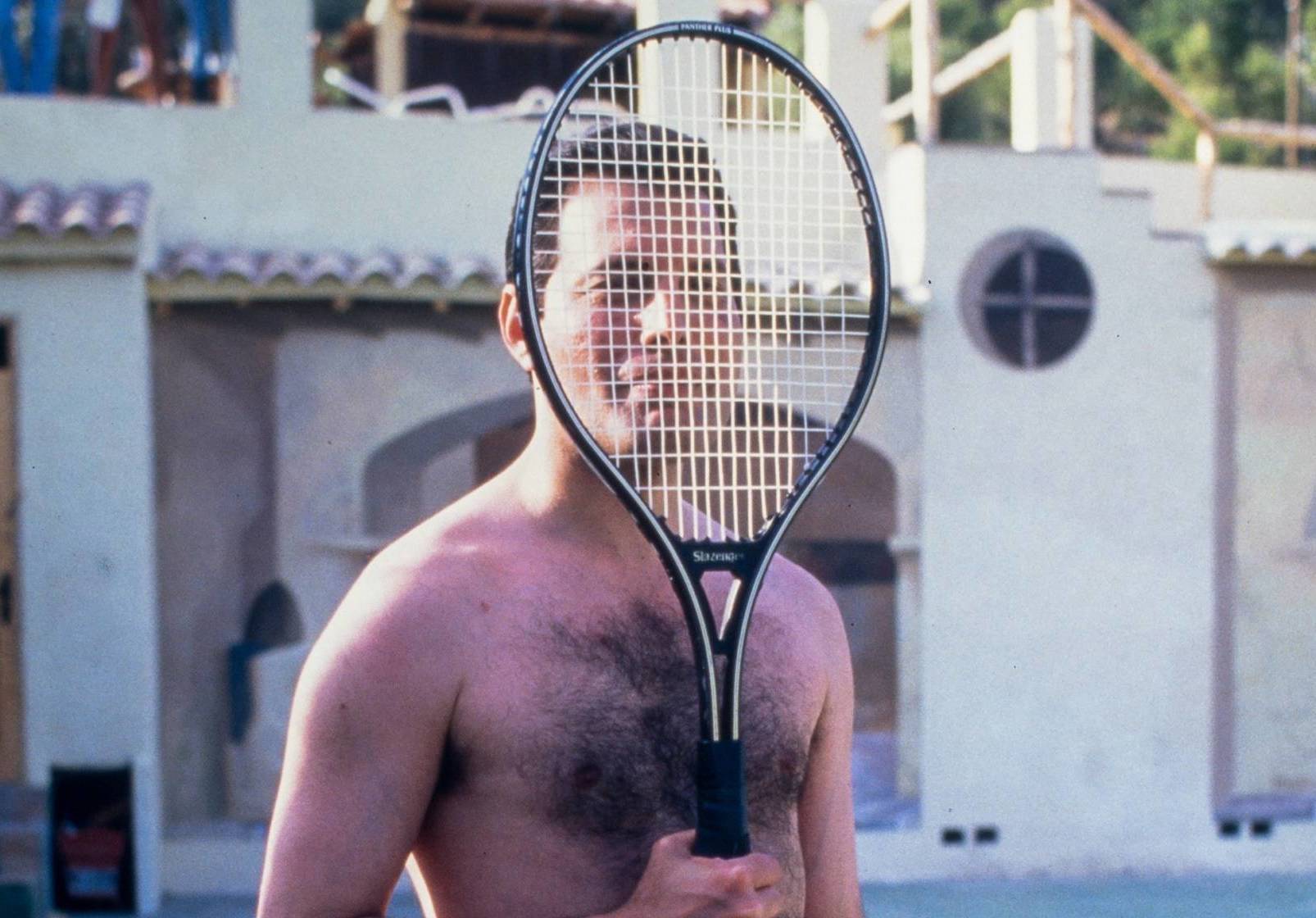 IBIZA, SPAIN - MAY 28: Freddie Mercury on the tennis court at Pikes Hotel in Ibiza on May 28, 1987 in Ibiza, Spain.  (Phot...