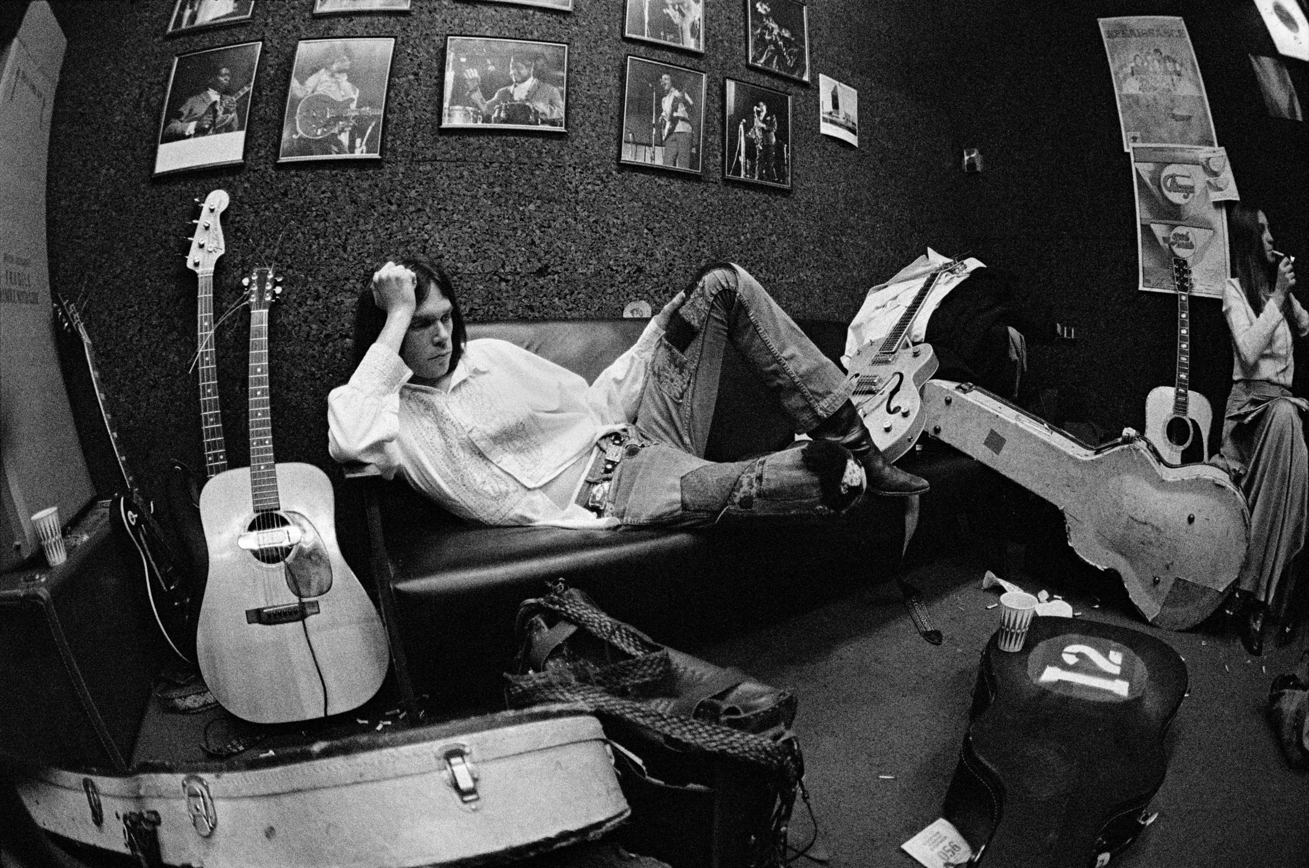 Neil Young & his wife Susan, backstage, Electric Factory, Phila., Feb. 1970. Chosen for the gatefold of his third album, “After The Gold Rush,” 1970.