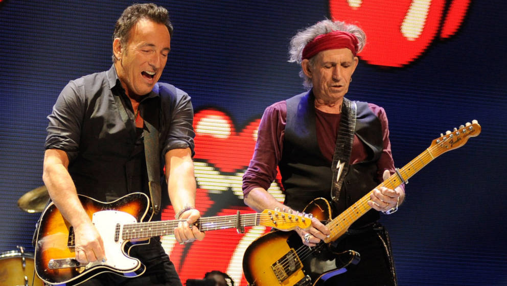 NEWARK, NJ - DECEMBER 15:  Ronnie Wood, Bruce Springsteen and Keith Richards perform at the Prudential Center on December 15,