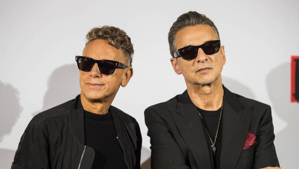 BERLIN, GERMANY - OCTOBER 04: (L-R) Musician Martin Gore and Dave Gahan of Depeche Mode at a press conference at Berliner Ens
