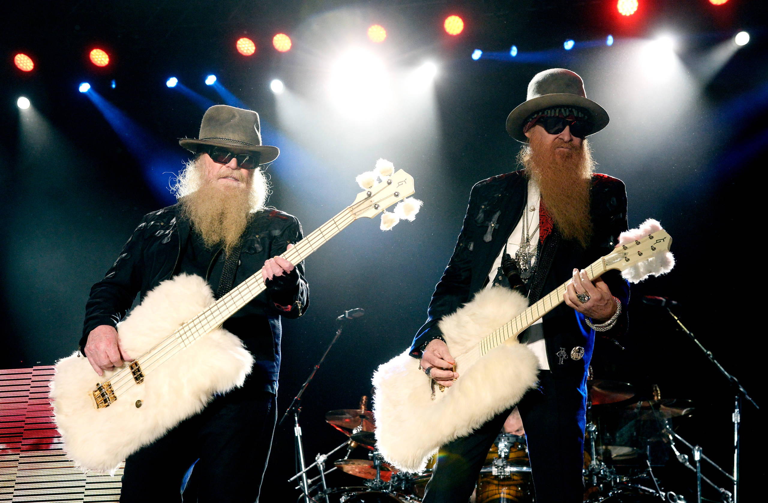INDIO, CA - APRIL 25:  Musicians Dusty Hill (L) and Billy Gibbons of ZZ Top perform onstage during day two of 2015 Stageco...