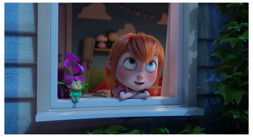 Maxie und die Fee Violetta aus dem Film „Meine Chaosfee und ich“ stehen gemeinsam am Fenster