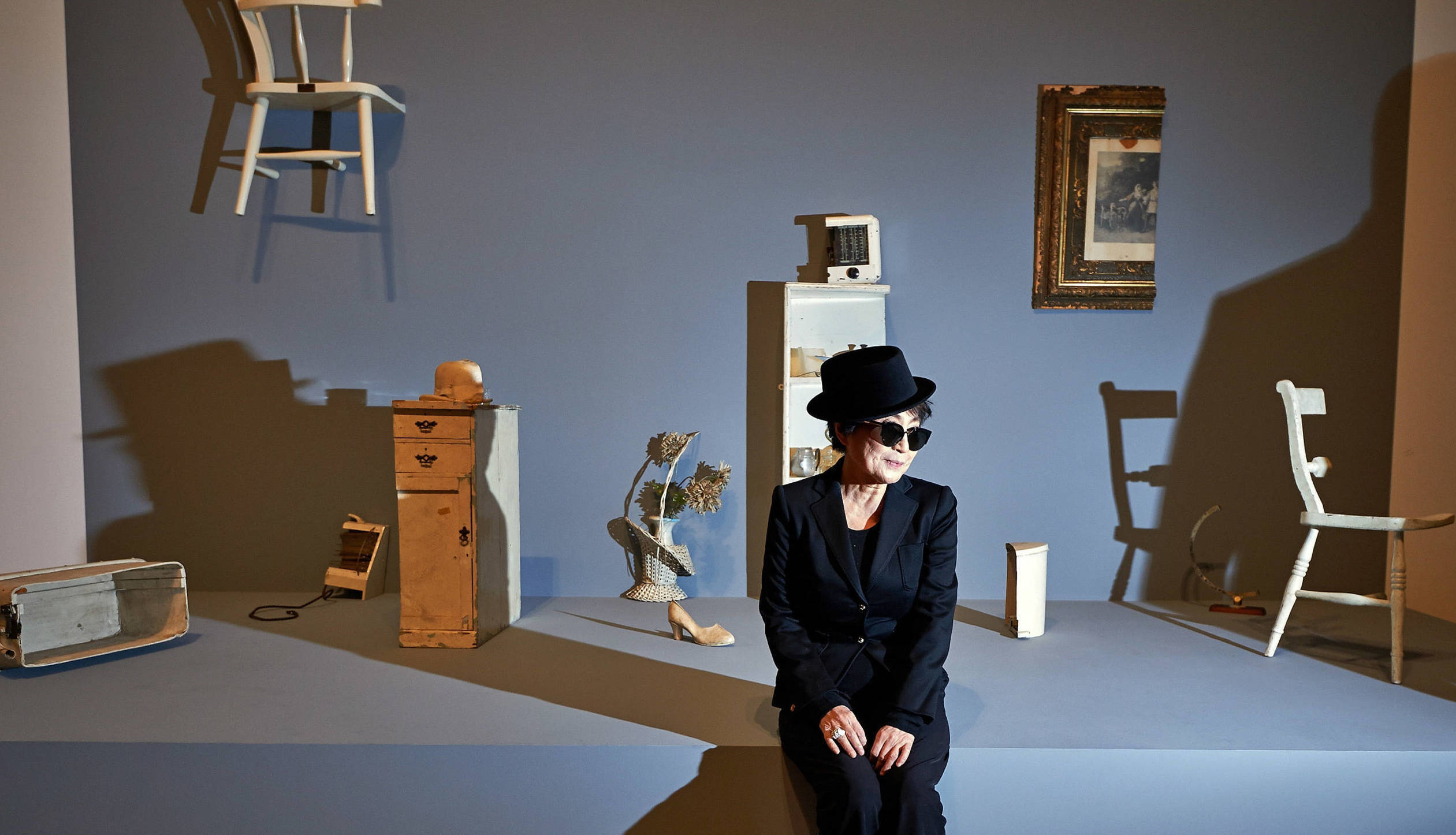 FRANKFURT AM MAIN, GERMANY - FEBRUARY 14:  Japanese artist Yoko Ono poses alongside her artwork "Half A Room" in the Schir...