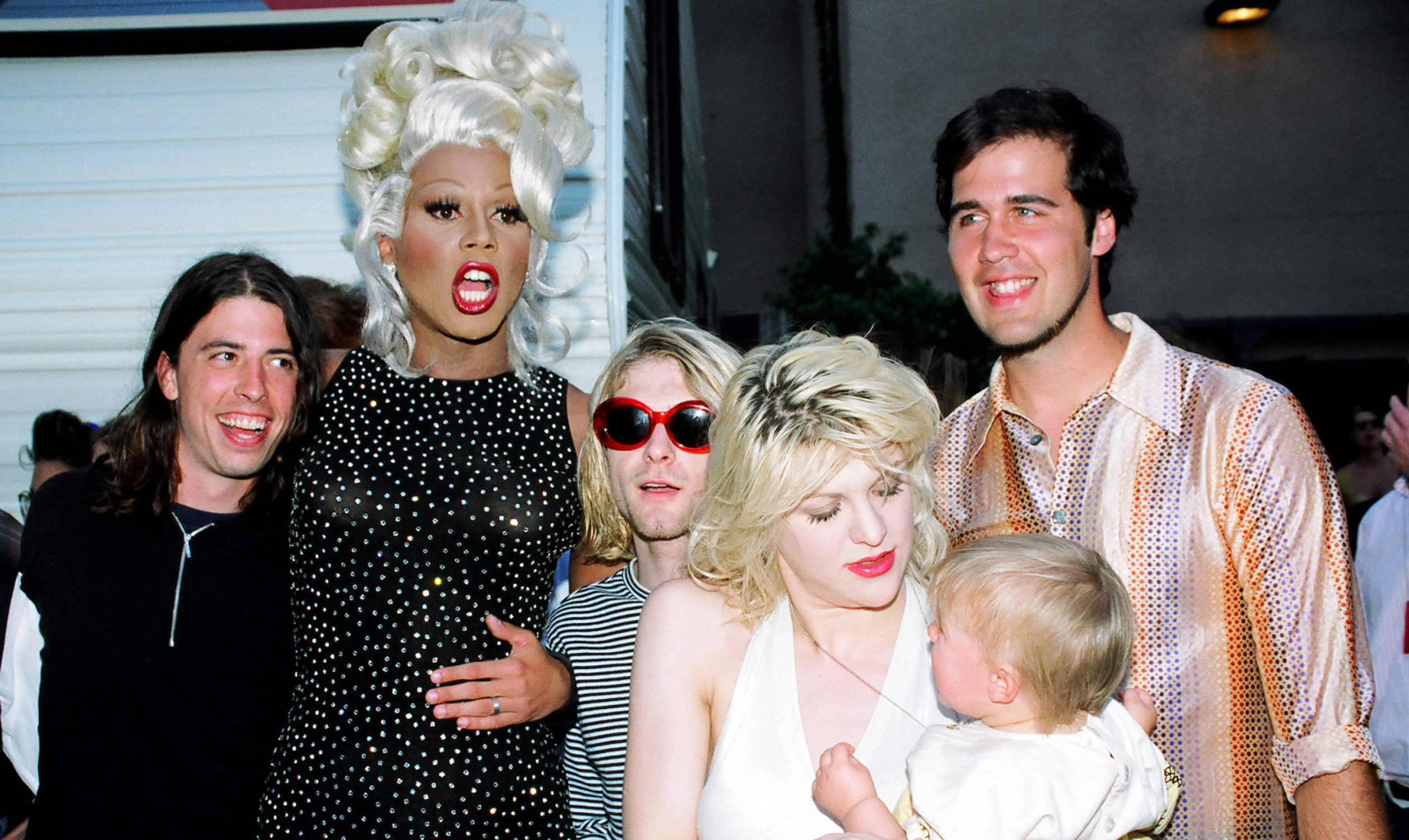 RuPaul (2nd from left) with Dave Grohl, Kurt Cobain and Krist Novoselic of Nirvana, and Courtney Love with daughter France...
