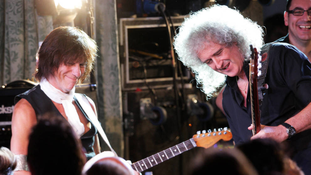 LONDON, ENGLAND - SEPTEMBER 05: L-R Jeff Beck and Brian May perform onstage at the Freddie For A Day 65th birthday anniversar