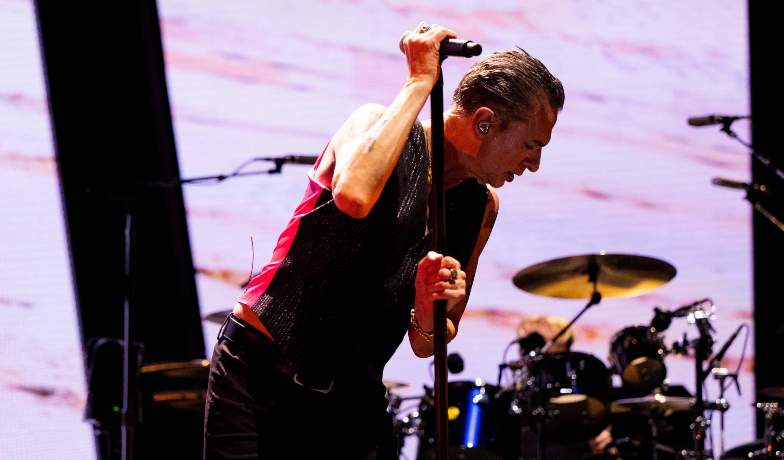 INGLEWOOD, CALIFORNIA - MARCH 28: Singer Dave Gahan of Depeche Mode performs onstage during the 'Memento Mori' tour at The...