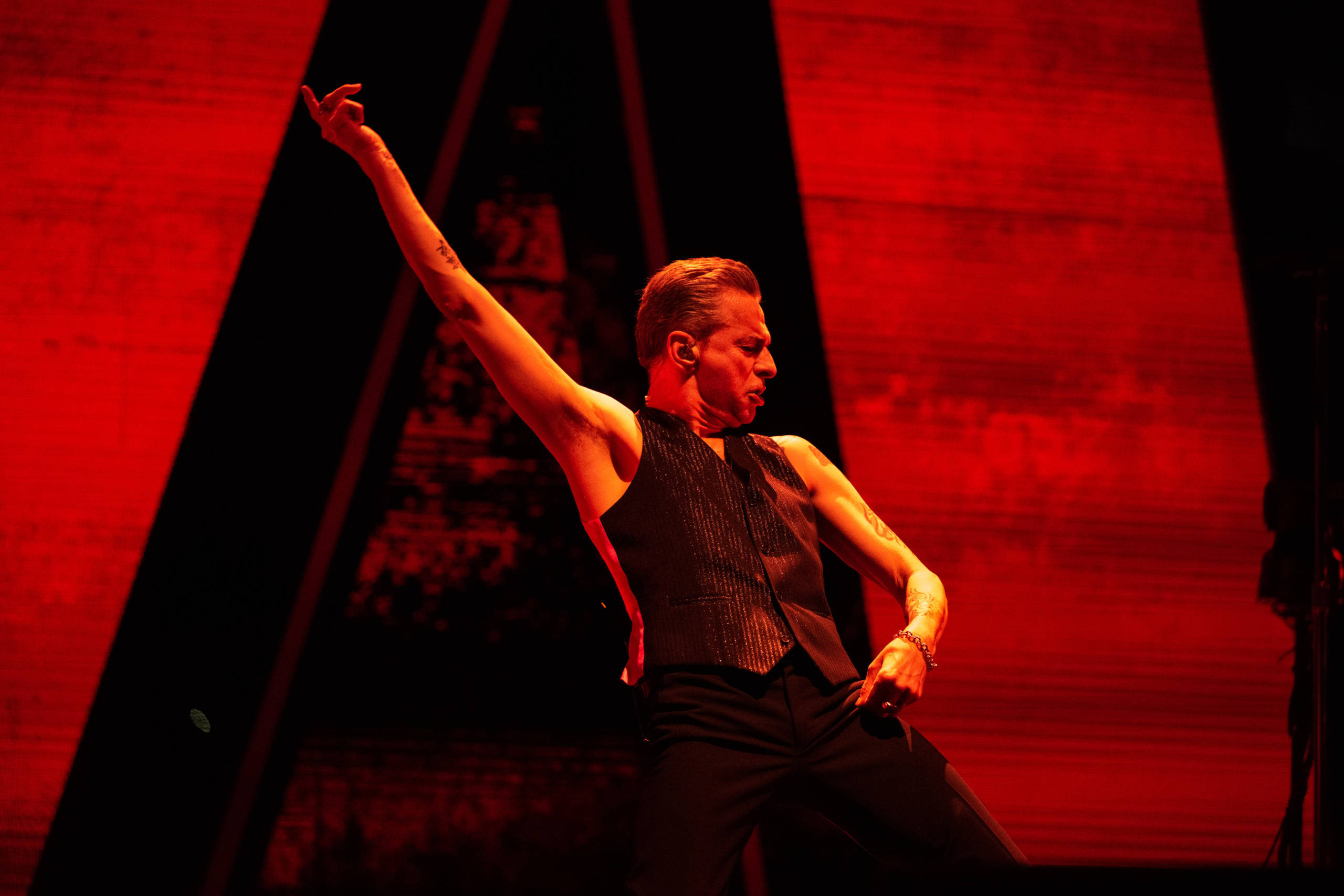 INGLEWOOD, CALIFORNIA - MARCH 28: Singer Dave Gahan of Depeche Mode performs onstage during the 'Memento Mori' tour at The...