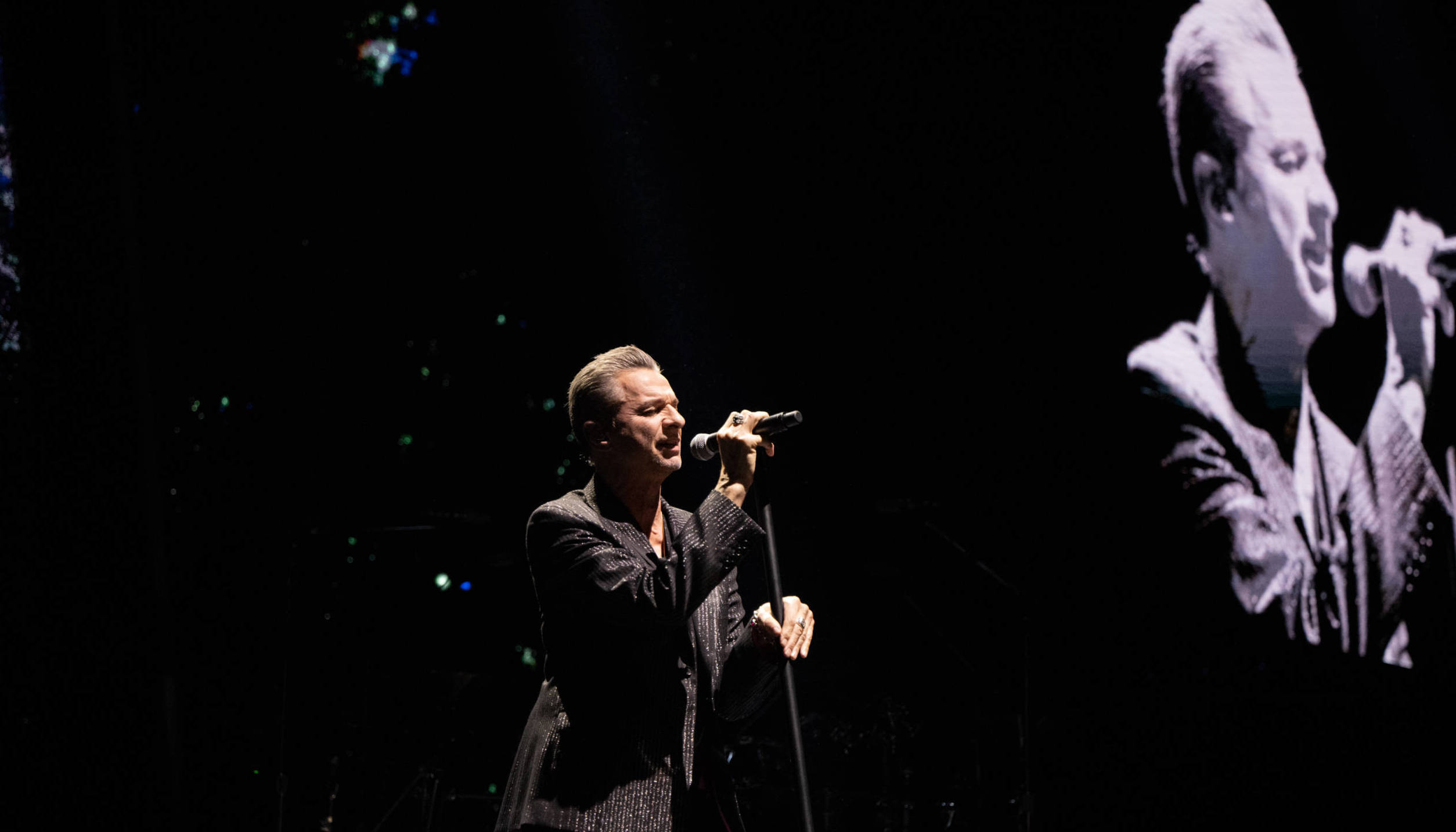 INGLEWOOD, CALIFORNIA - MARCH 28: Singer Dave Gahan of Depeche Mode performs onstage during the 'Memento Mori' tour at The...