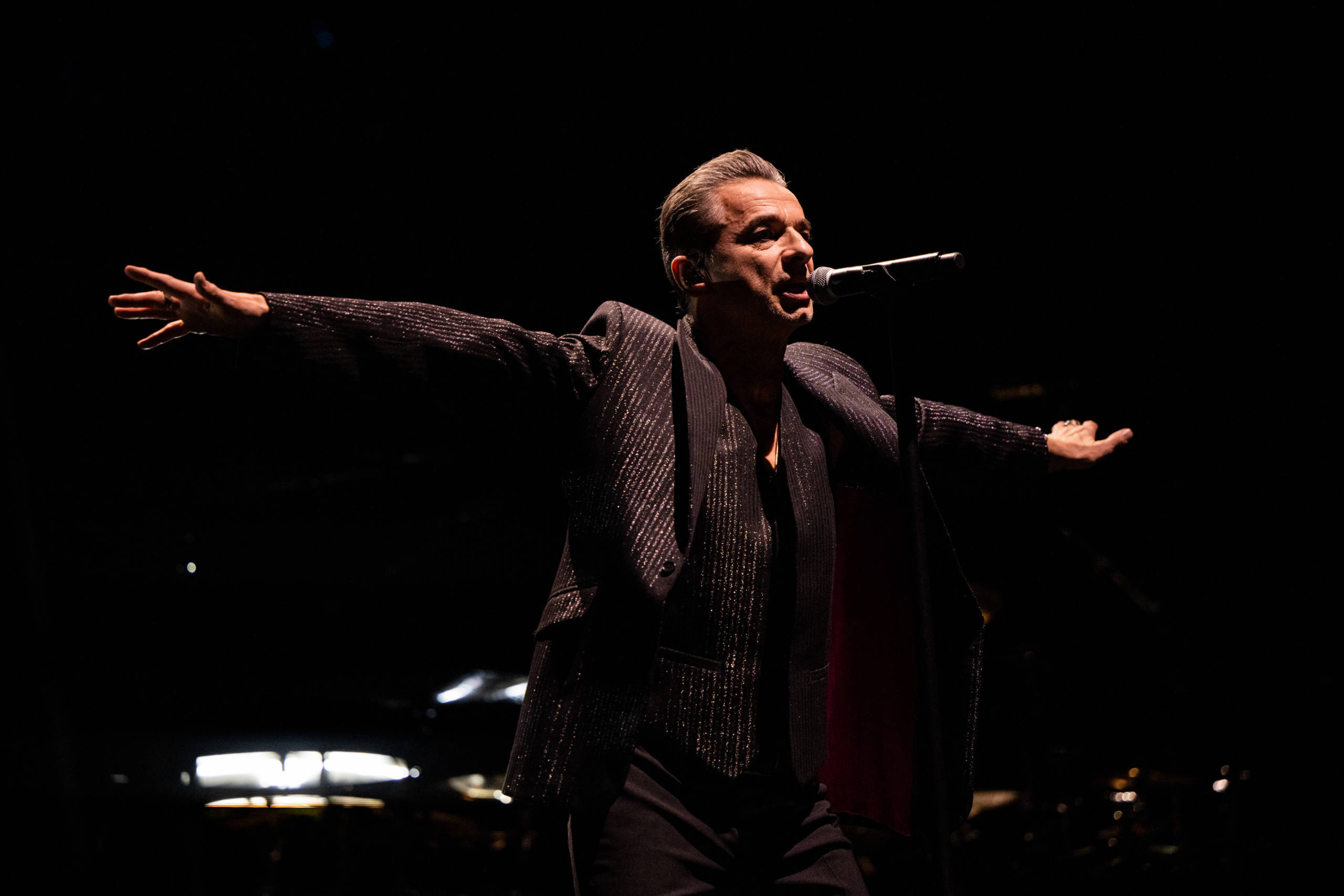 INGLEWOOD, CALIFORNIA - MARCH 28: Singer Dave Gahan of Depeche Mode performs onstage during the 'Memento Mori' tour at The...