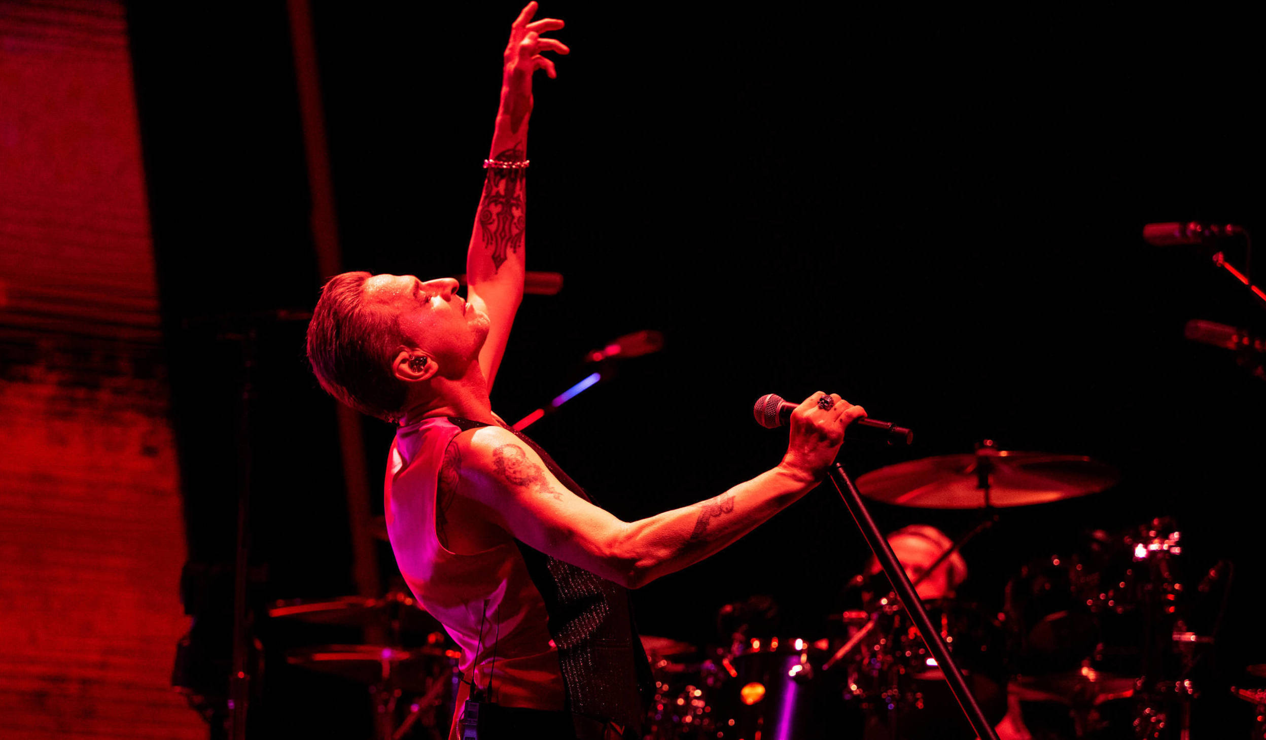 INGLEWOOD, CALIFORNIA - MARCH 28: Singer Dave Gahan of Depeche Mode performs onstage during the 'Memento Mori' tour at The...
