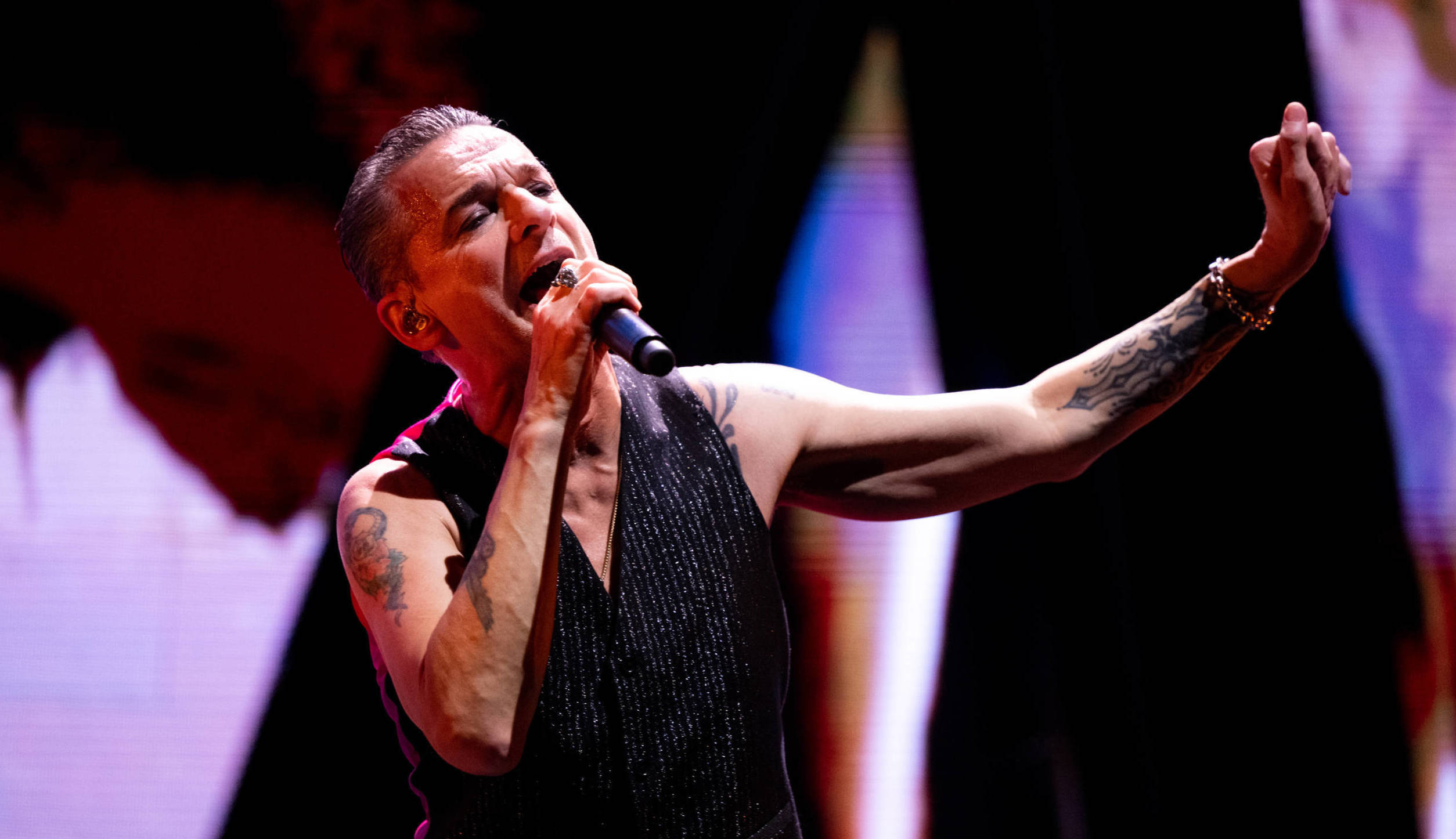 INGLEWOOD, CALIFORNIA - MARCH 28: Singer Dave Gahan of Depeche Mode performs onstage during the 'Memento Mori' tour at The...