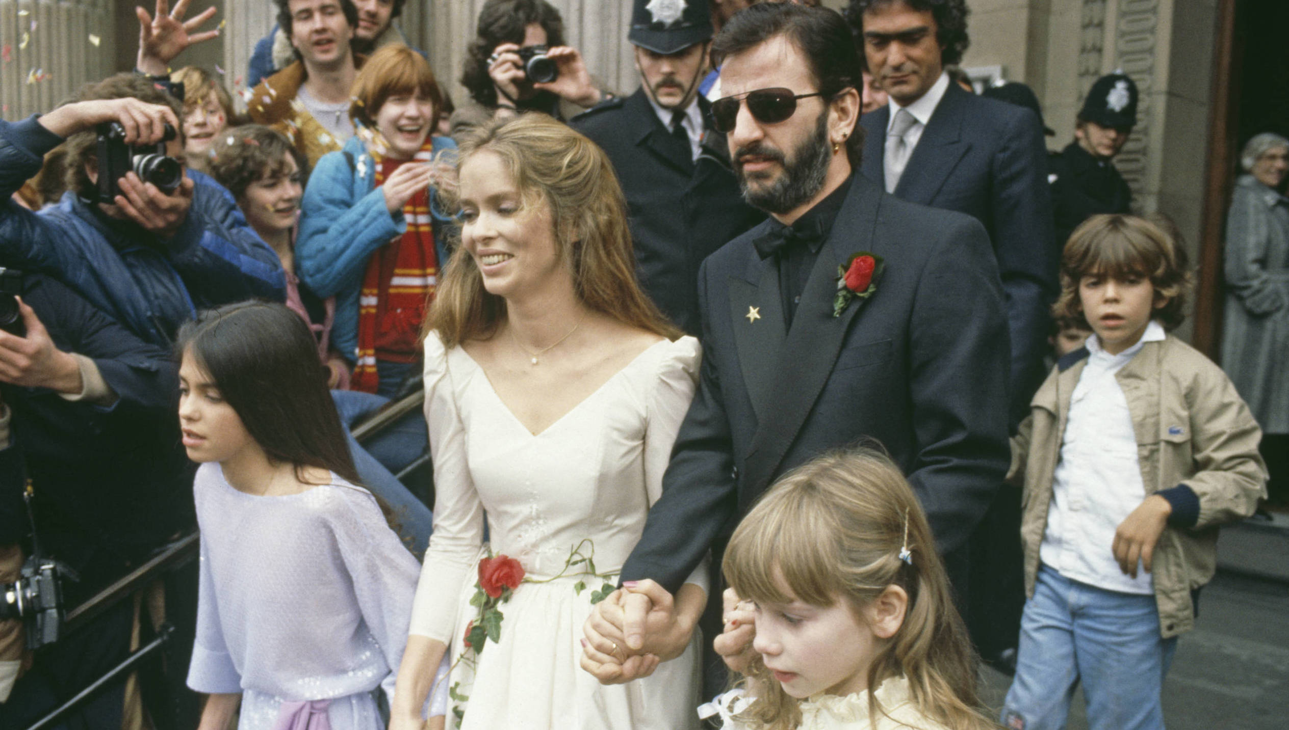 Former Beatle Ringo Starr and American actress Barbara Bach leaving Marylebone Register Office after their wedding, London...