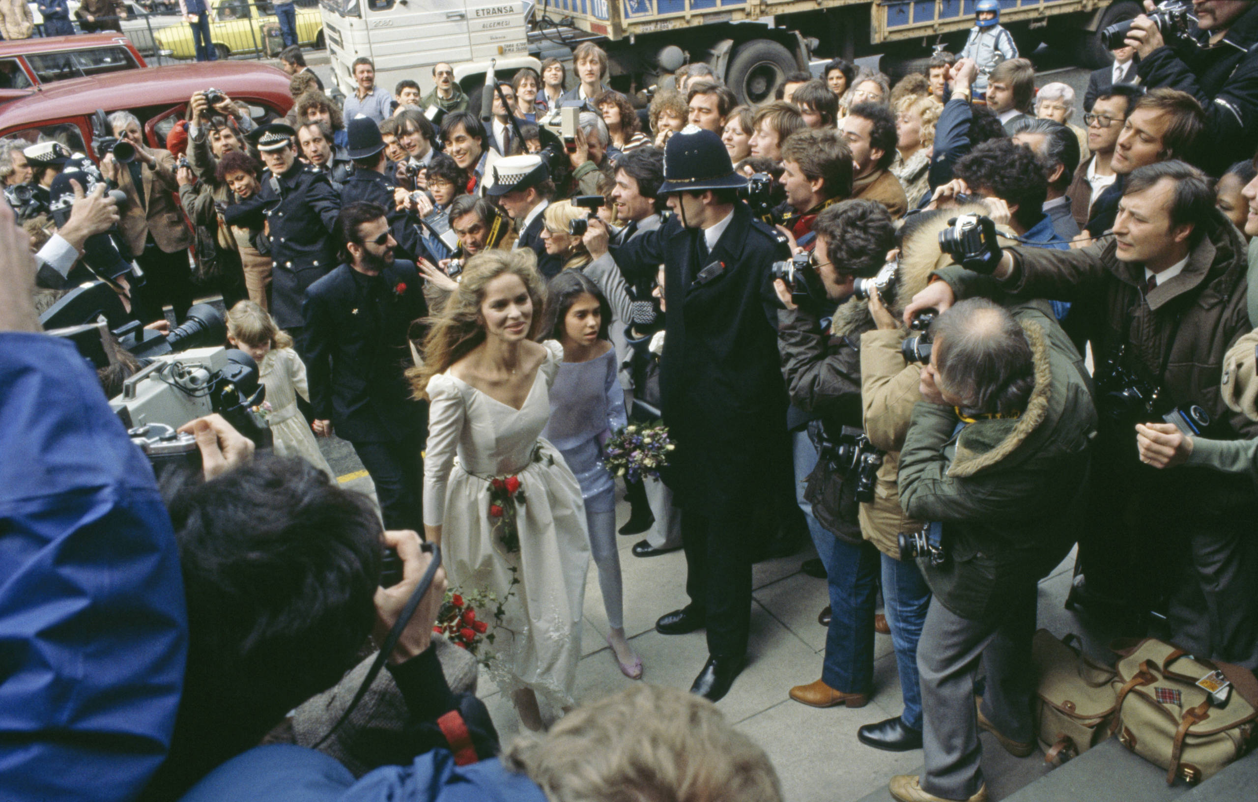 Former Beatle Ringo Starr (centre, left) and American actress Barbara Bach arriving at Marylebone Register Office for thei...