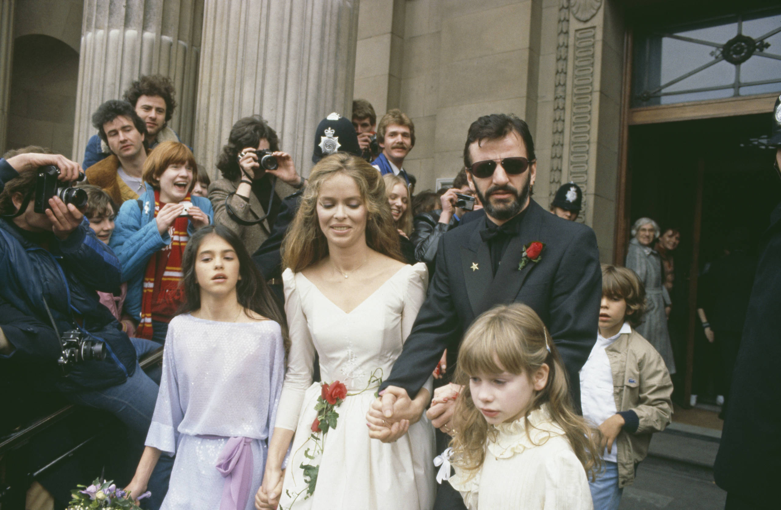 Former Beatle Ringo Starr and American actress Barbara Bach leaving Marylebone Register Office after their wedding, London...