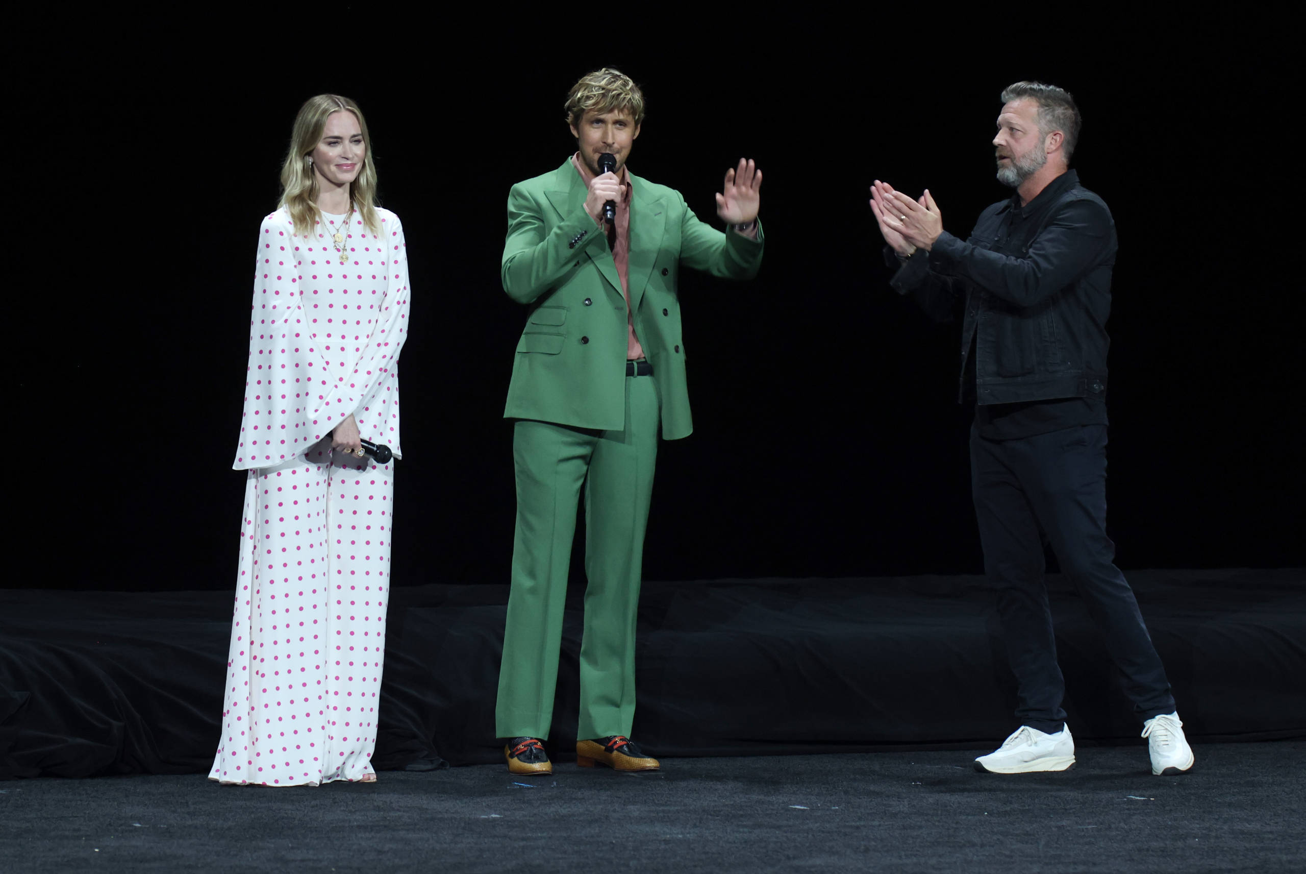 Emily Blunt, Ryan Gosling und David Leitch bewerben den neuen Film „The Fall Guy“ auf der CinemaCon 2023.