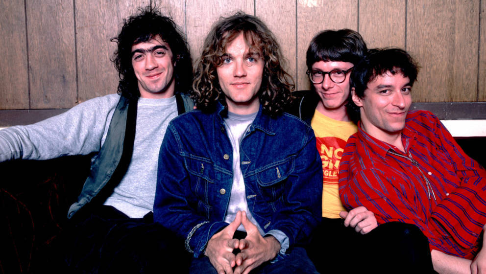 Porträt der Band R.E.M.: von links nach rechts, Bill Berry, Michael Stipe, Mike Mills und Peter Buck im Aragon Ballroom in C
