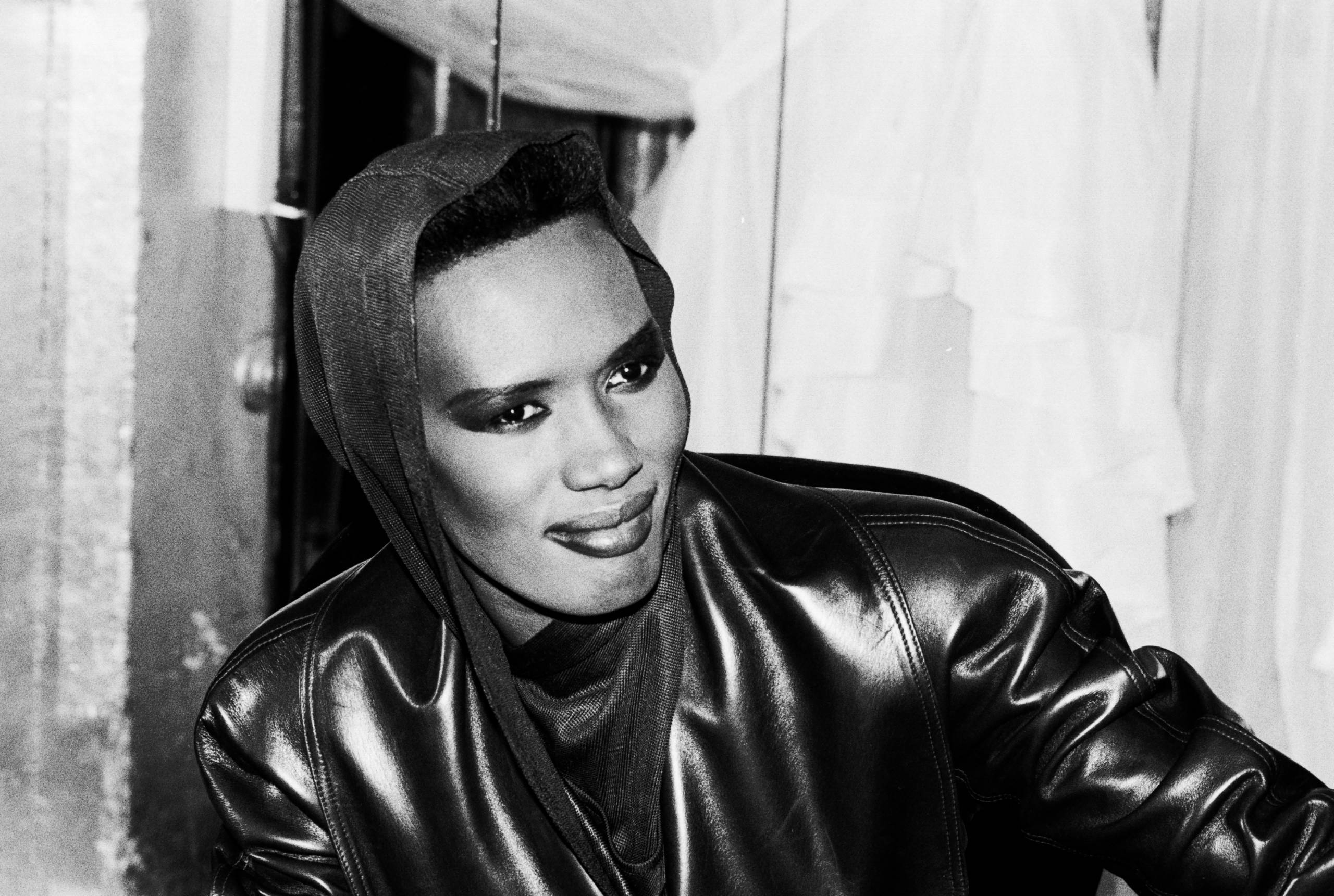 Portrait of Jamaican-born Disco singer, model, and actress Grace Jones as she poses backstage at the Tunnel nightclub, New...
