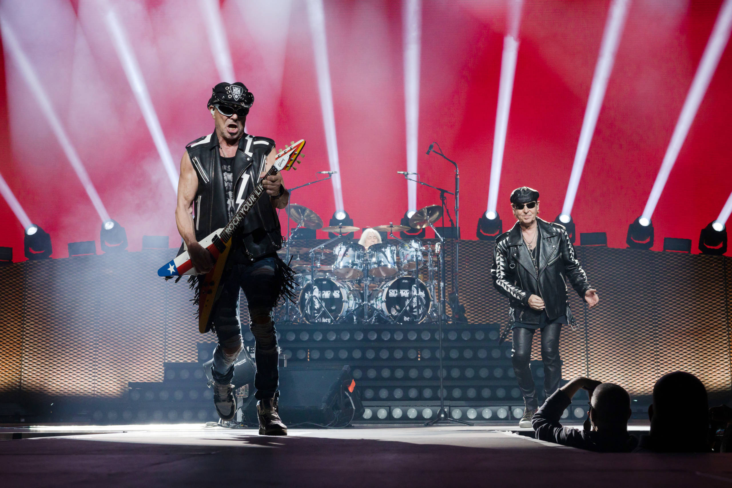 BERLIN, GERMANY - MAY 23: (L-R) Rudolf Schenker and Klaus Meine of the German band Scorpions perform live on stage during ...