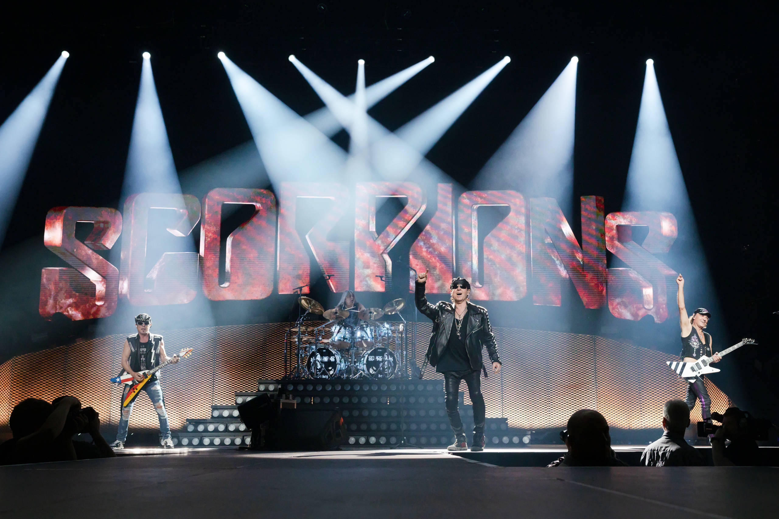 BERLIN, GERMANY - MAY 23: (L-R) Rudolf Schenker, Klaus Meine and Matthias Jabs of the German band Scorpions perform live o...