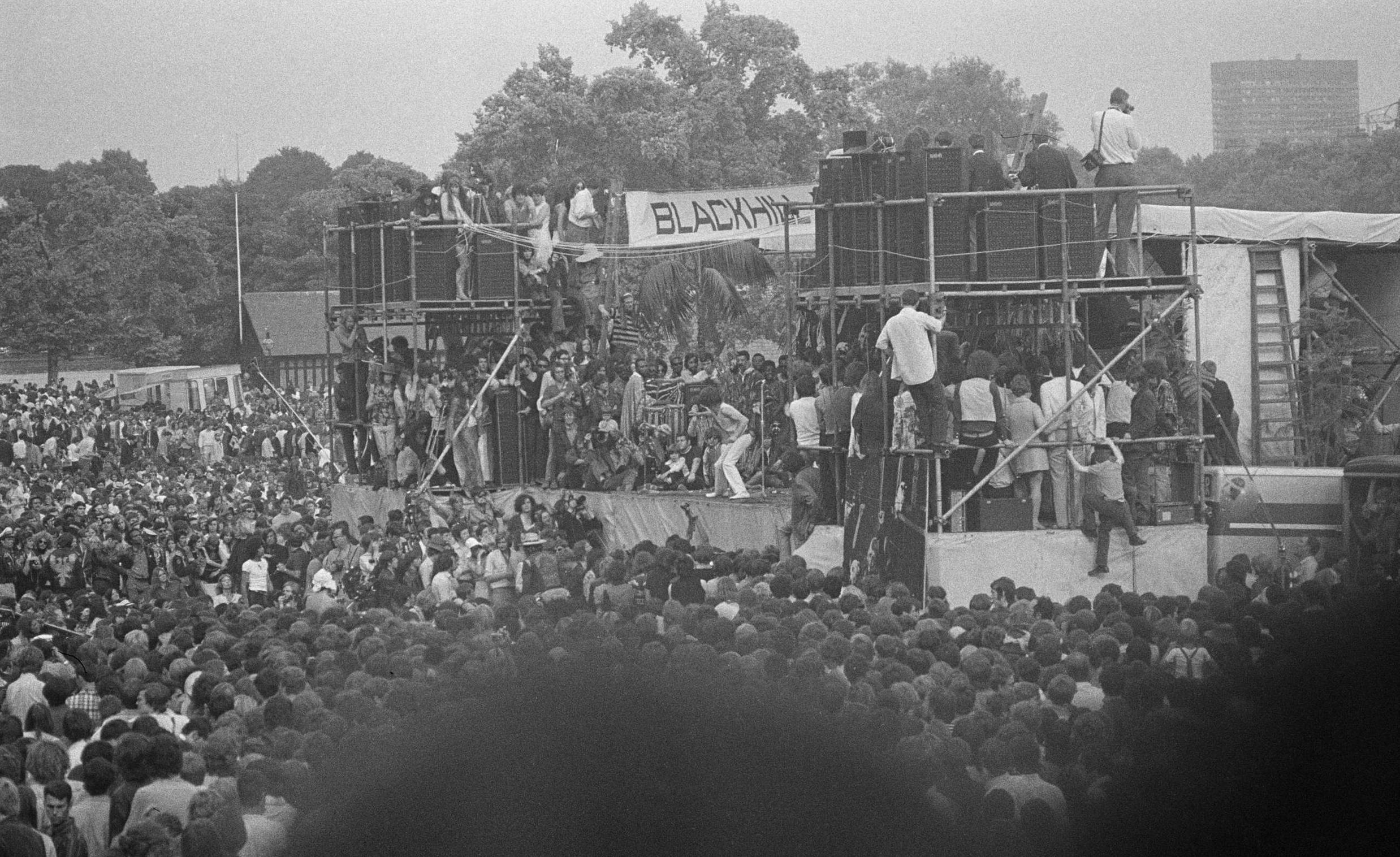 The crowd round the stage at a Rolling Stones concert in Hyde Park, London, 5th July 1969. The free outdoor concert was a ...