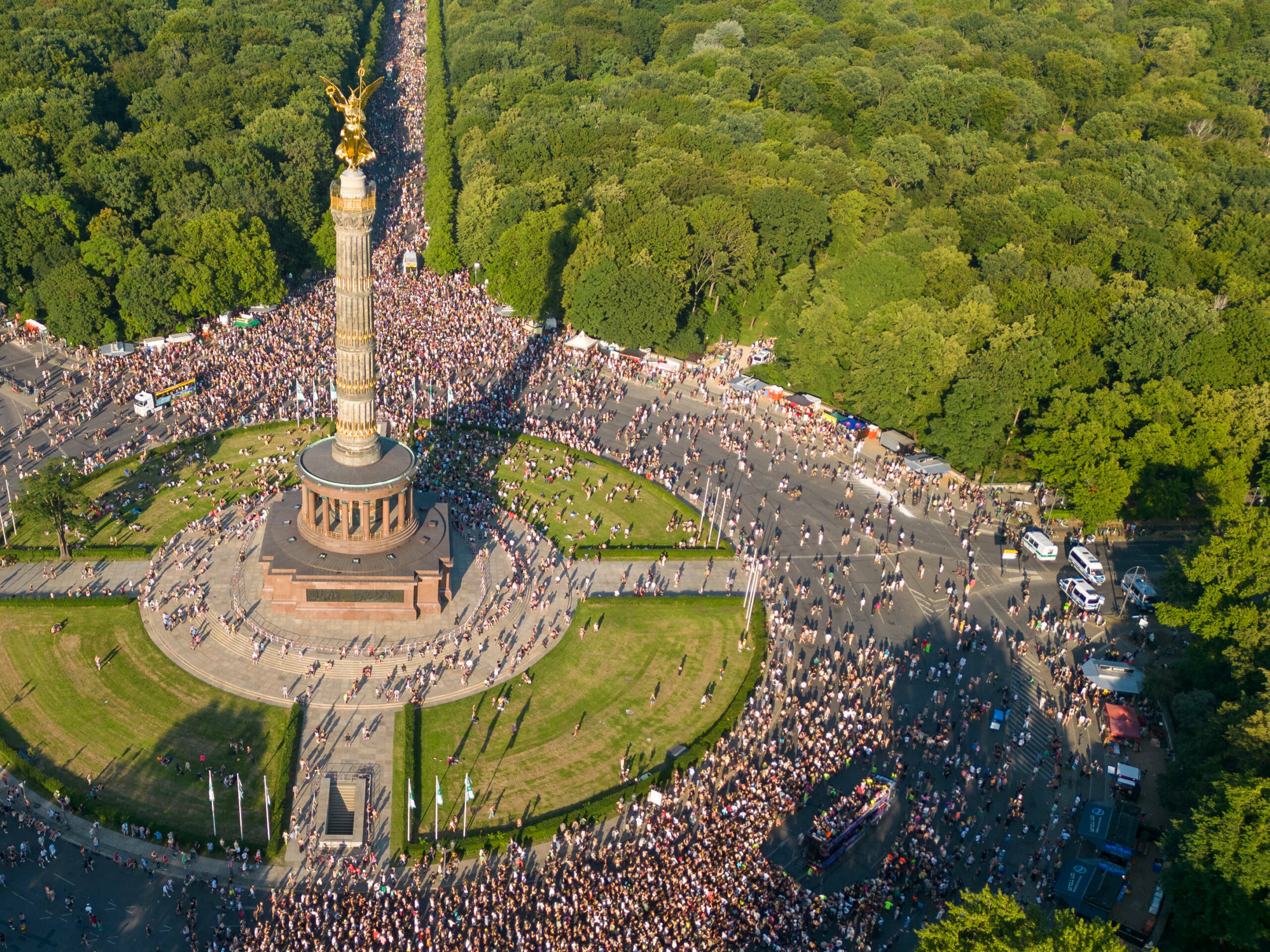 BERLIN, GERMANY - JULY 8: In this aerial view, techno music enthusiasts dance during the Rave the Planet parade in Tiergar...