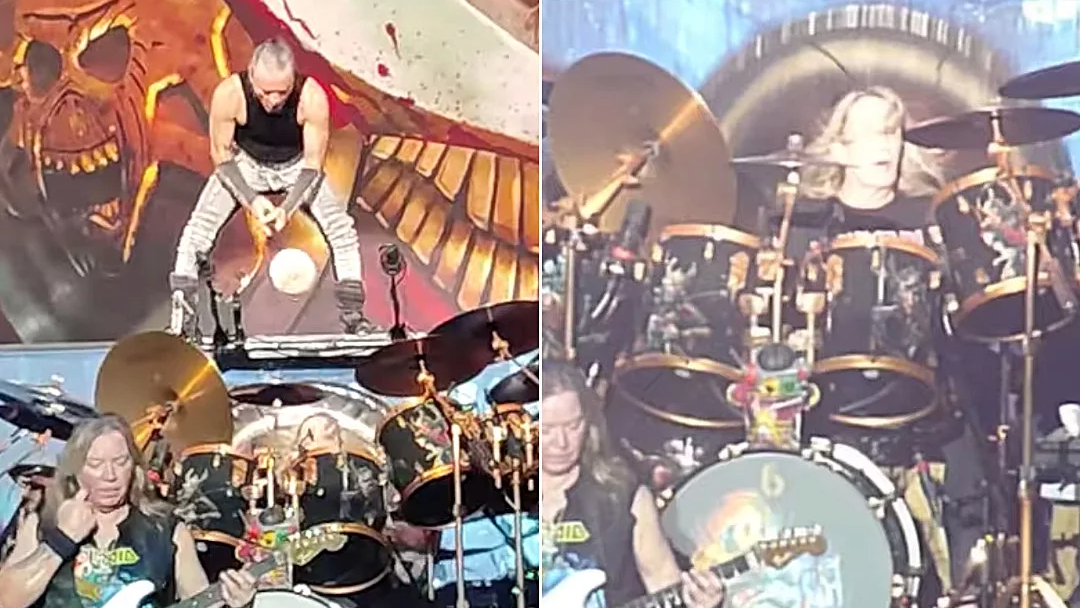 Hier ist zu sehen, wie Bruce Dickinson beim Iron-Maiden-Gig in Dublin mit einem Gong-Schlag aus Versehen seinen Kollegen am Schlagzeug gefährdet