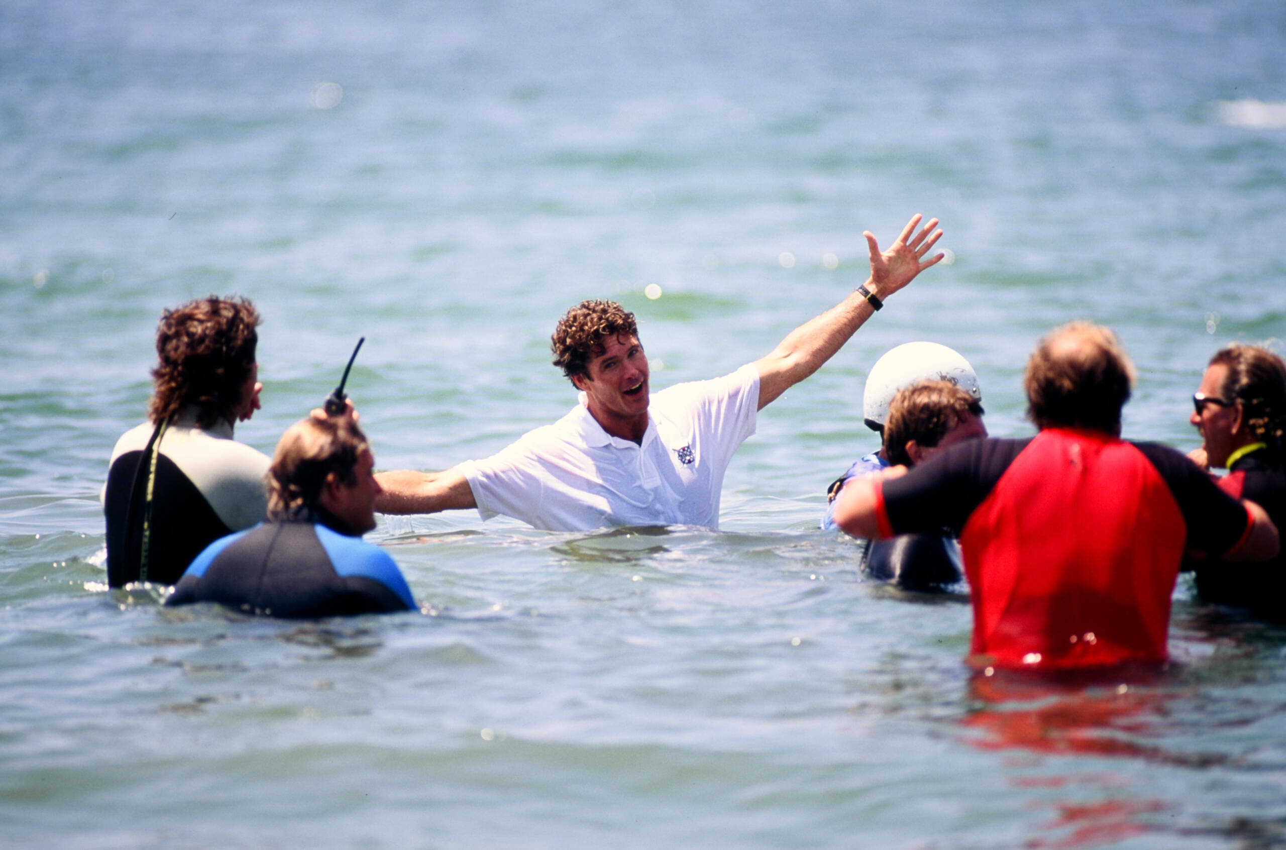 SANTA MONICA CA - MARCH 19; David Hasselhoff gets wet in a 1991 episode of Baywatch March 19, 1991 Will Rogers Beach, Sant...