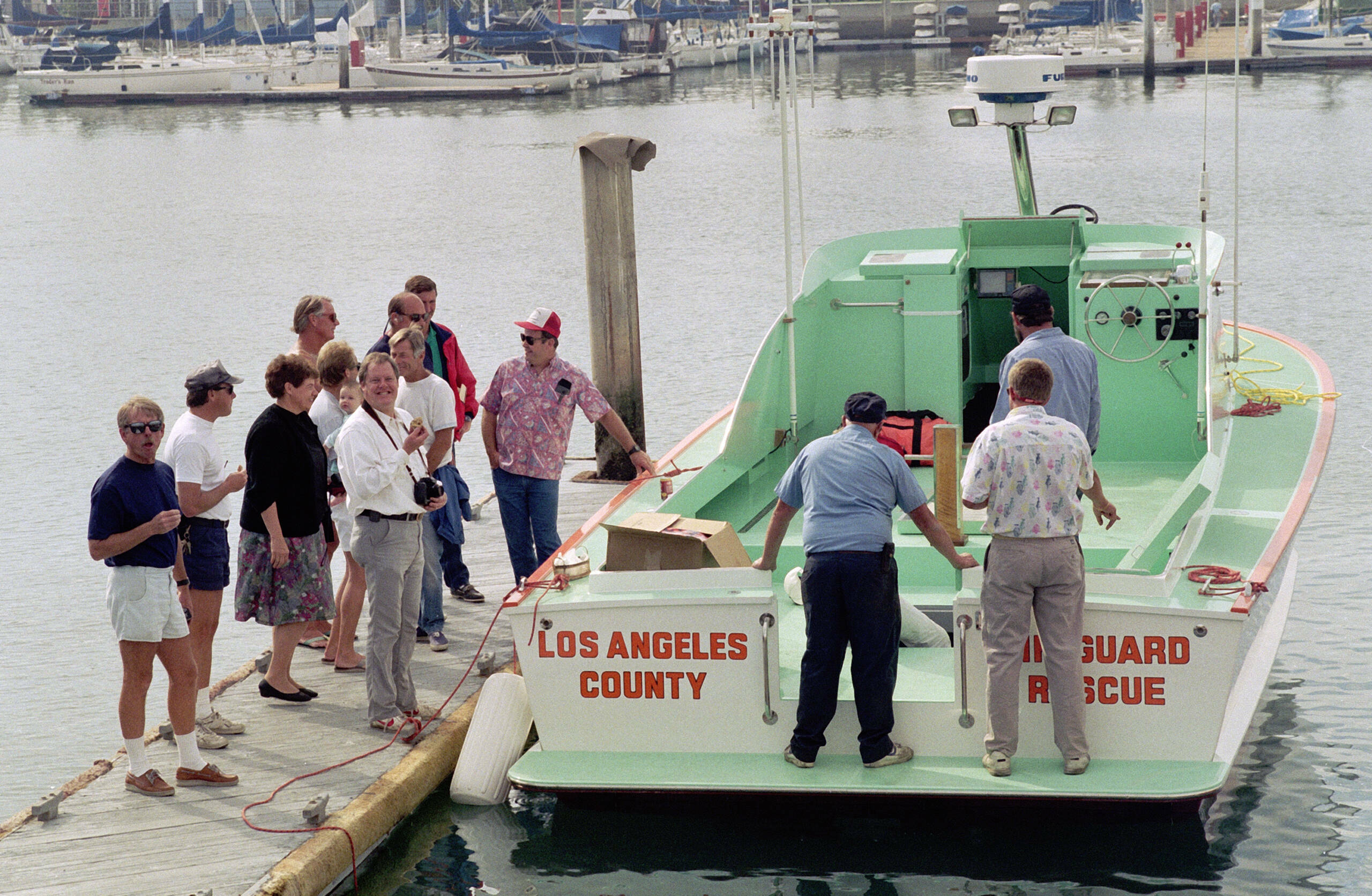 LONG BEACH,  CALIFORNIA - JULY 02 : A new Los Angeles County Lifeguard 'Baywatch' boat is prepared for its Maiden Launch a...