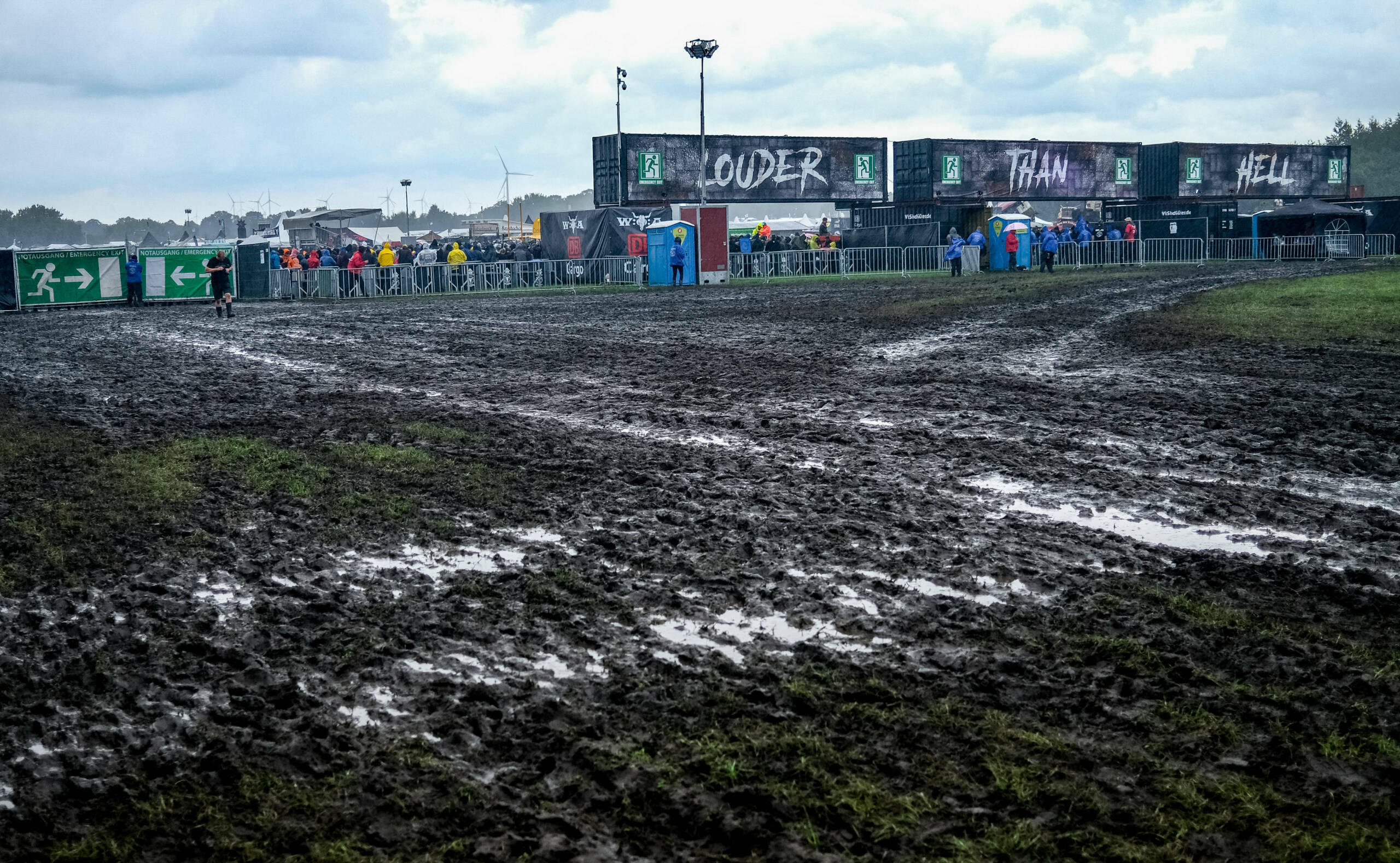 The muddy grounds of the Wacken Open Air music festival on August 2, 2023 in Wacken, northern Germany. The heavy metal mus...
