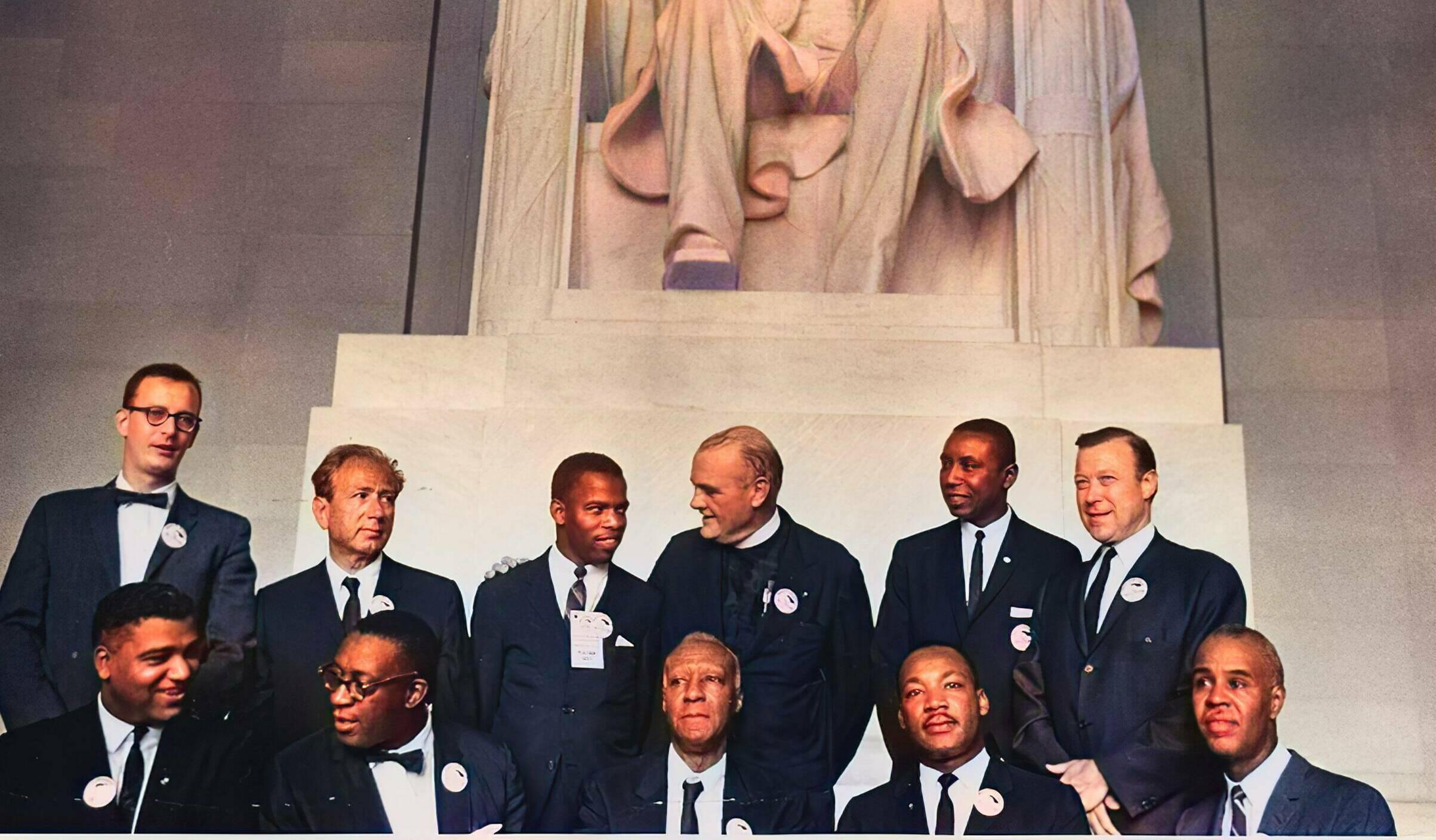 Portrait of organizers of the March on Washington at the Lincoln Memorial in Washington, DC, including director of the Nat...