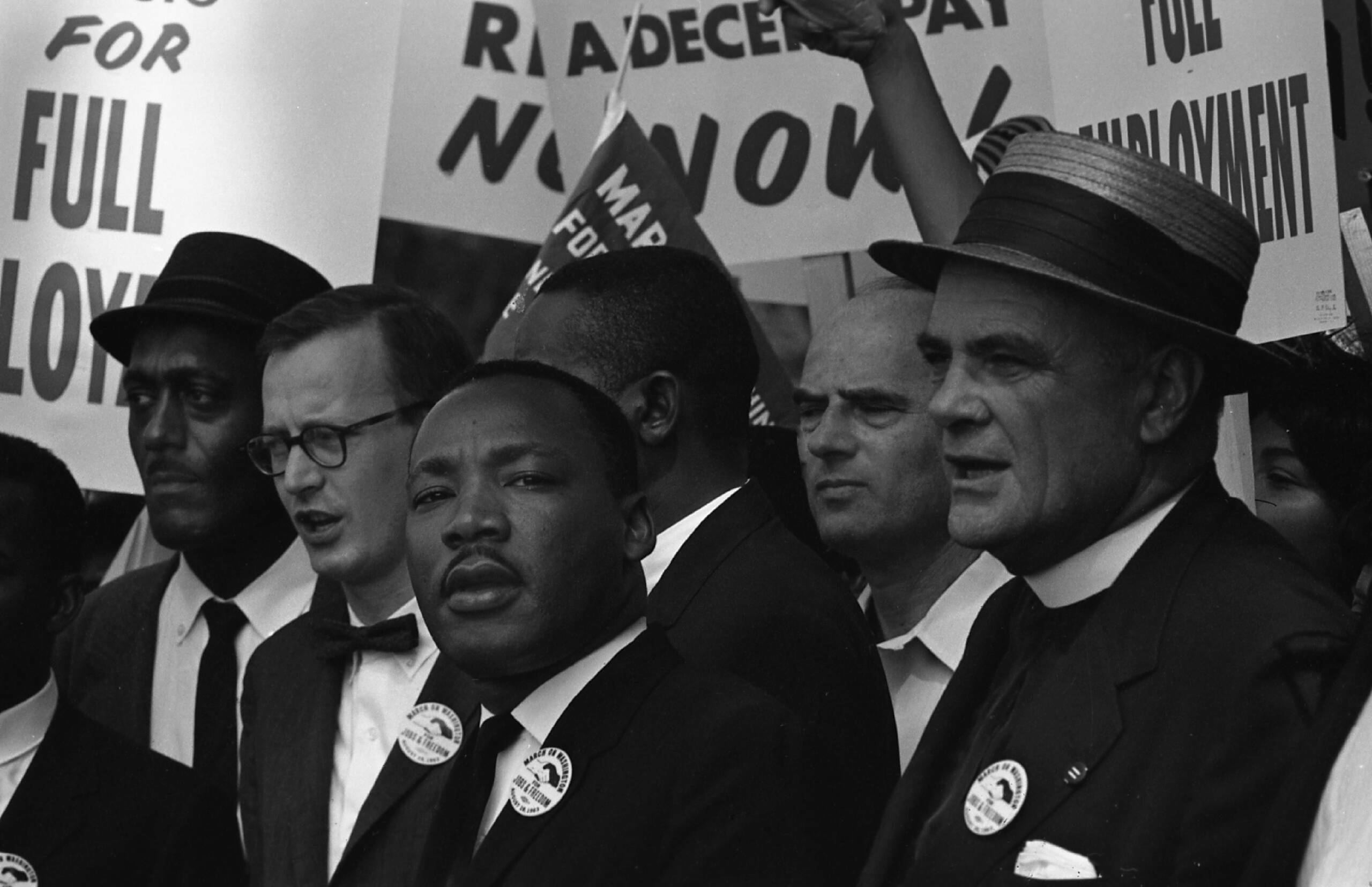 View of American Religious and Civil Rights leader Dr Martin Luther King Jr (1929 - 1968) (center) at the March on Washing...