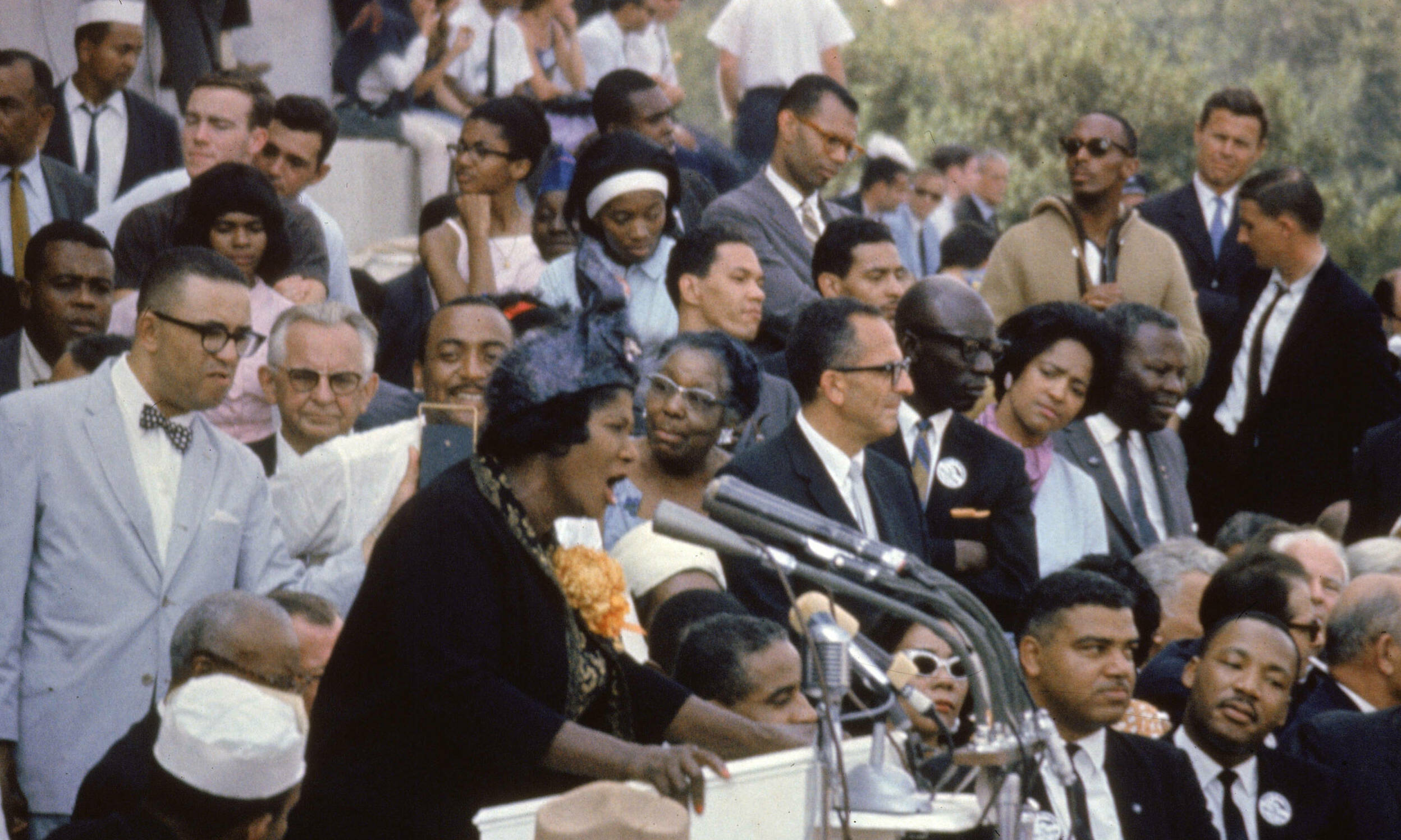 American singer Mahalia Jackson (1911 - 1972) sings at the March on Washington for Freedom and Jobs on the steps of the Li...